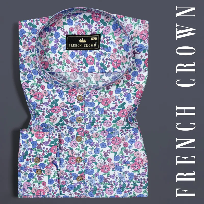 Lilac Multicolored Flower Printed Poplin Giza Cotton Shirt sold by French Crown