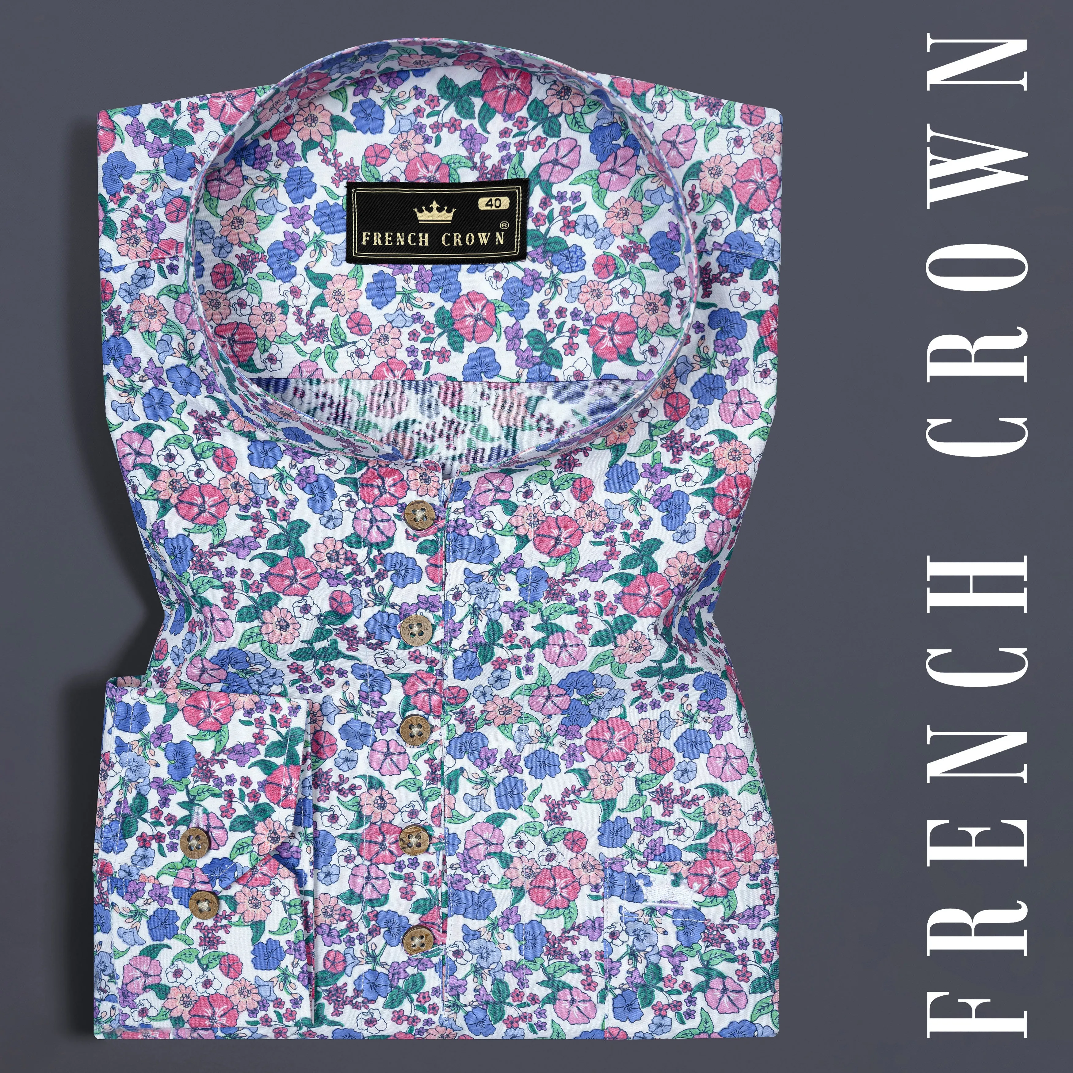 Lilac Multicolored Flower Printed Poplin Giza Cotton Shirt sold by French Crown