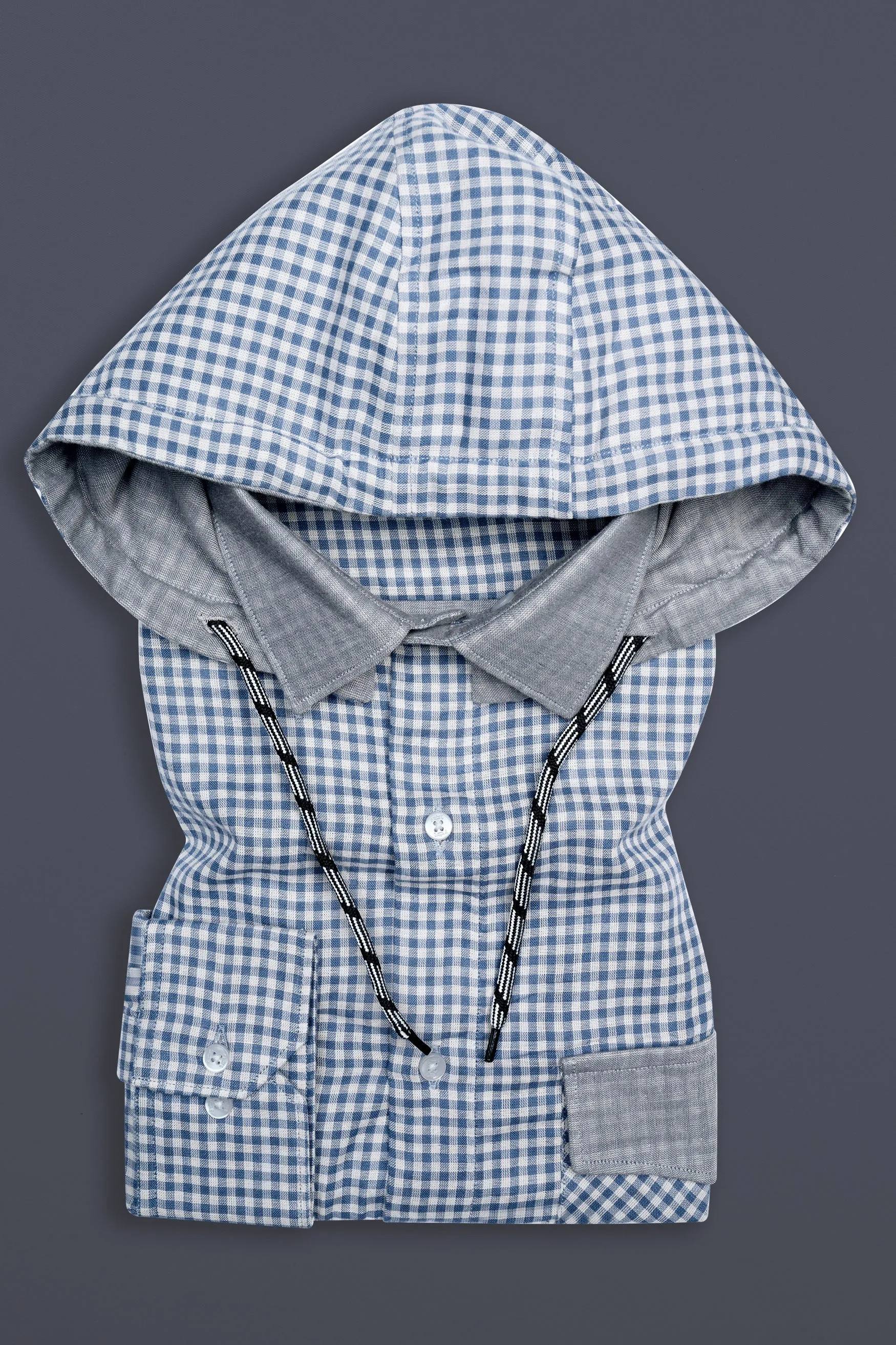 Kashmir Blue And Bright White Plaid Chambray Detachable Hoodie Jacket sold by French Crown