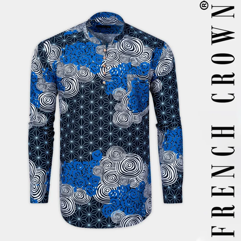 Jade Black And French Blue with Galactic Printed Premium Cotton Kurta Shirt sold by French Crown