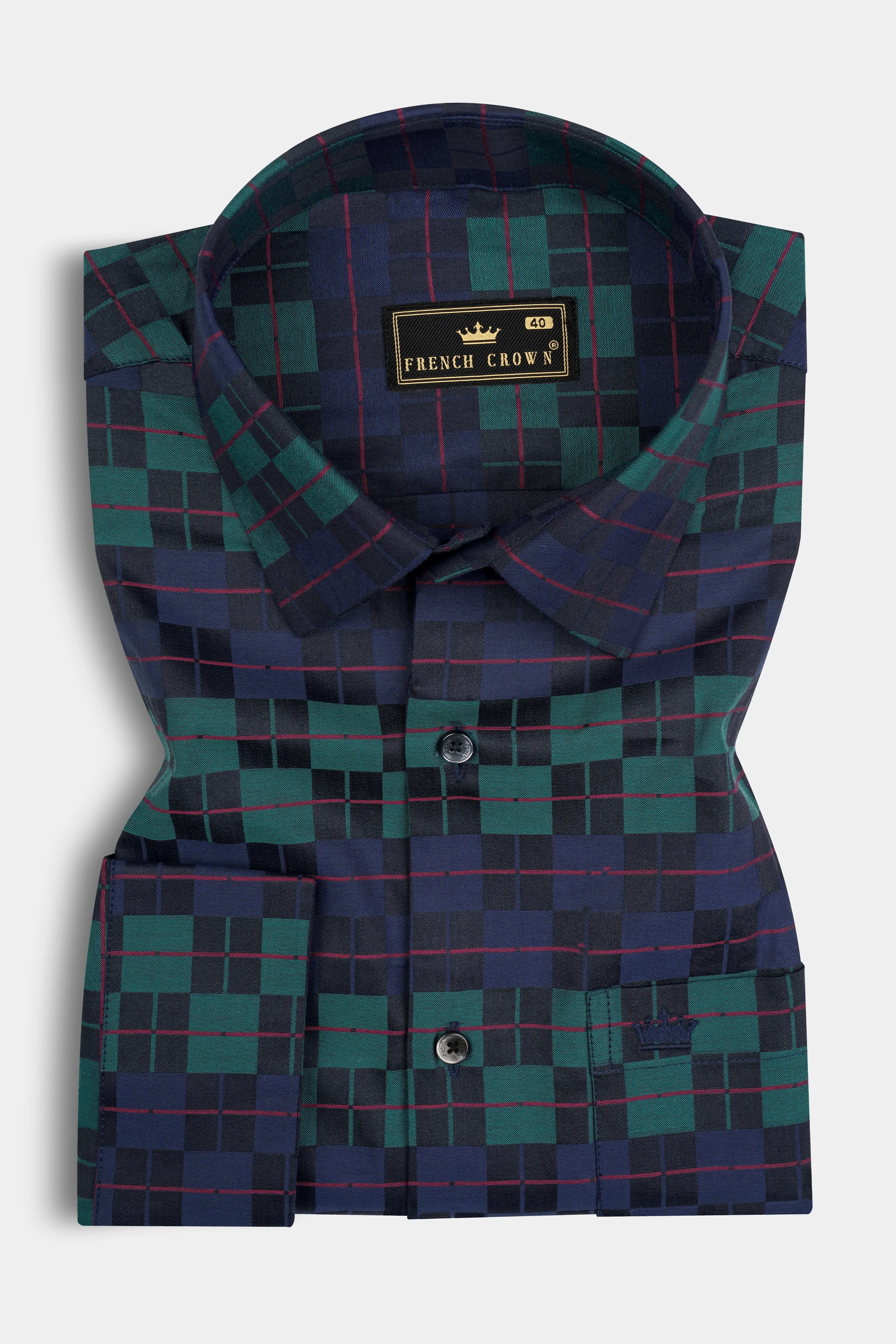 Ebony Blue and Plantation Green Plaid Jacquard Textured Premium Cotton Shirt sold by French Crown product image thumbnail 3