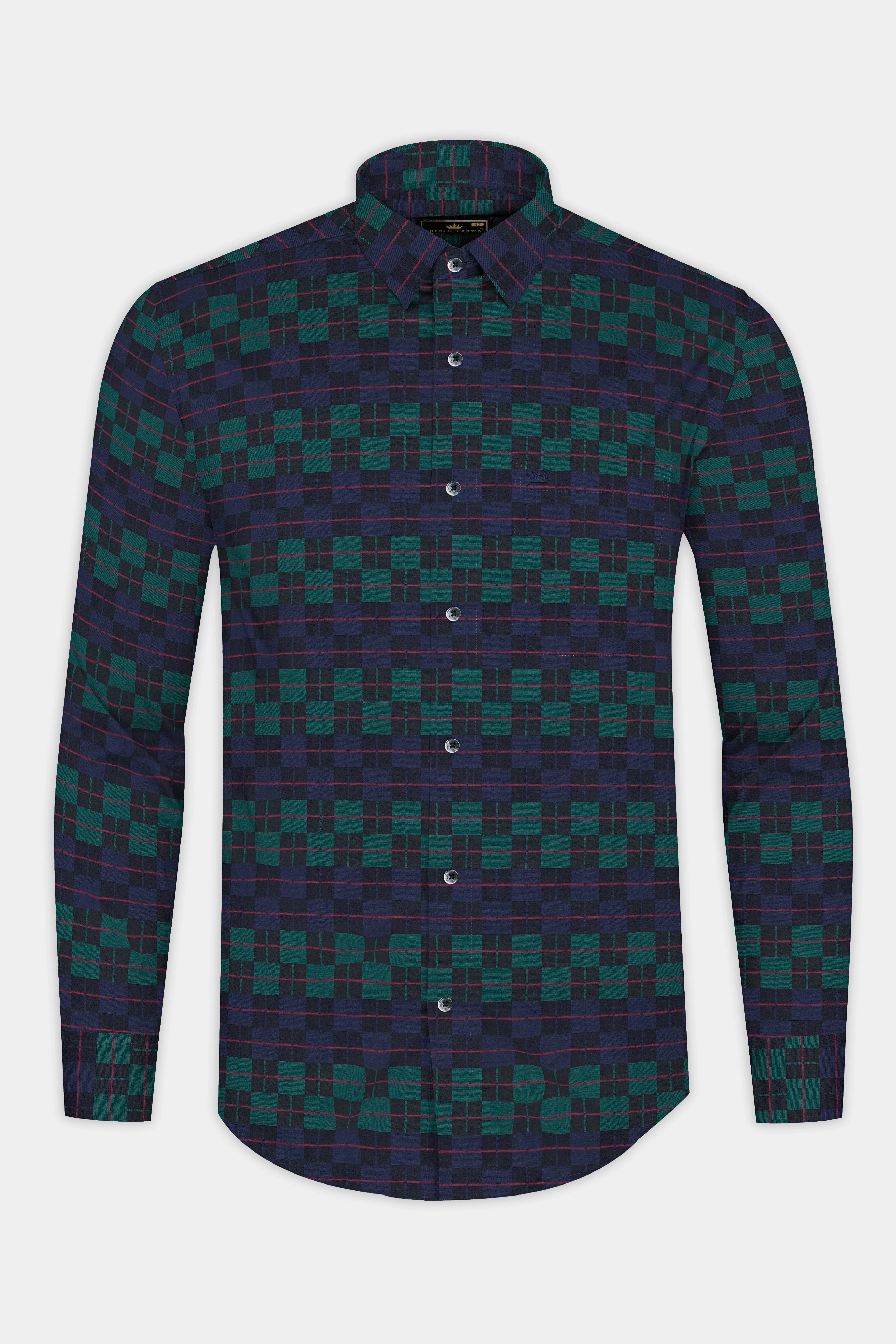 Ebony Blue and Plantation Green Plaid Jacquard Textured Premium Cotton Shirt sold by French Crown product image thumbnail 4