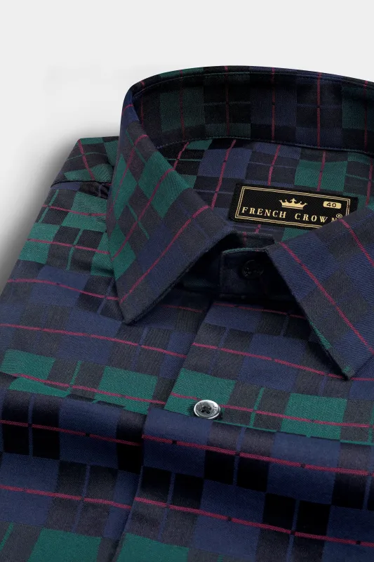 Ebony Blue and Plantation Green Plaid Jacquard Textured Premium Cotton Shirt sold by French Crown