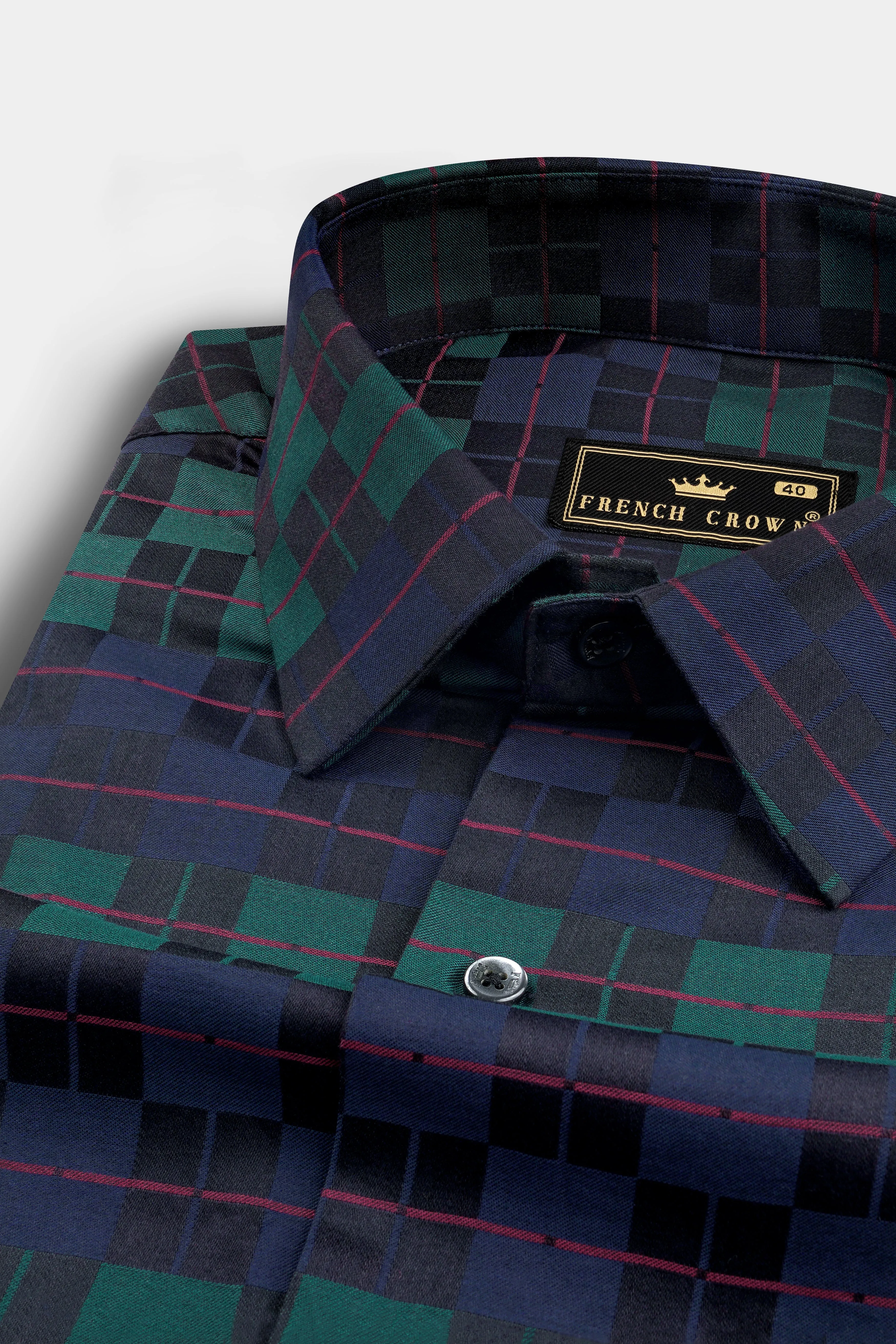 Ebony Blue and Plantation Green Plaid Jacquard Textured Premium Cotton Shirt sold by French Crown