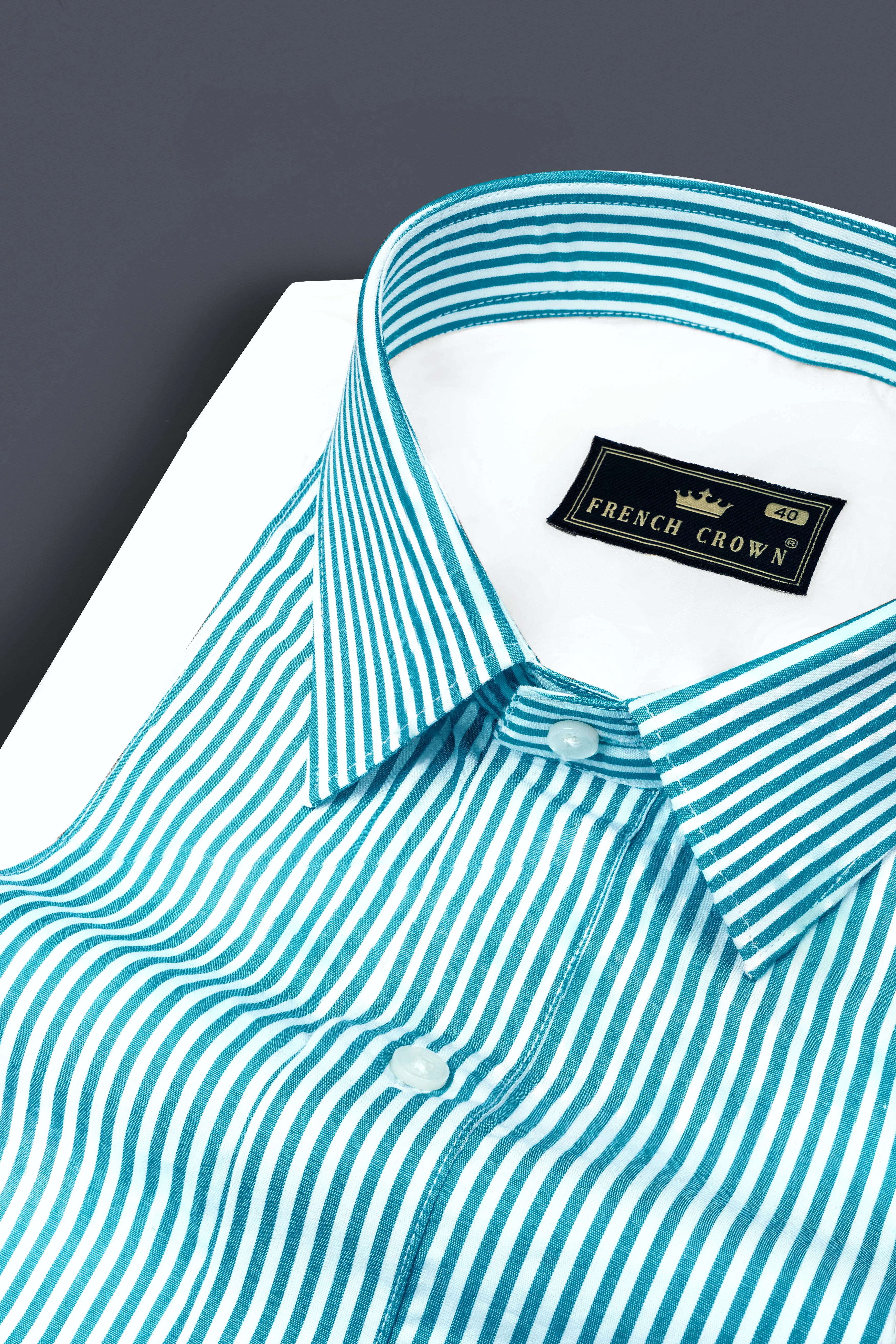 Cerulean Blue and Bright White Striped Super Soft Premium Cotton Designer Shirt sold by French Crown product image thumbnail 4