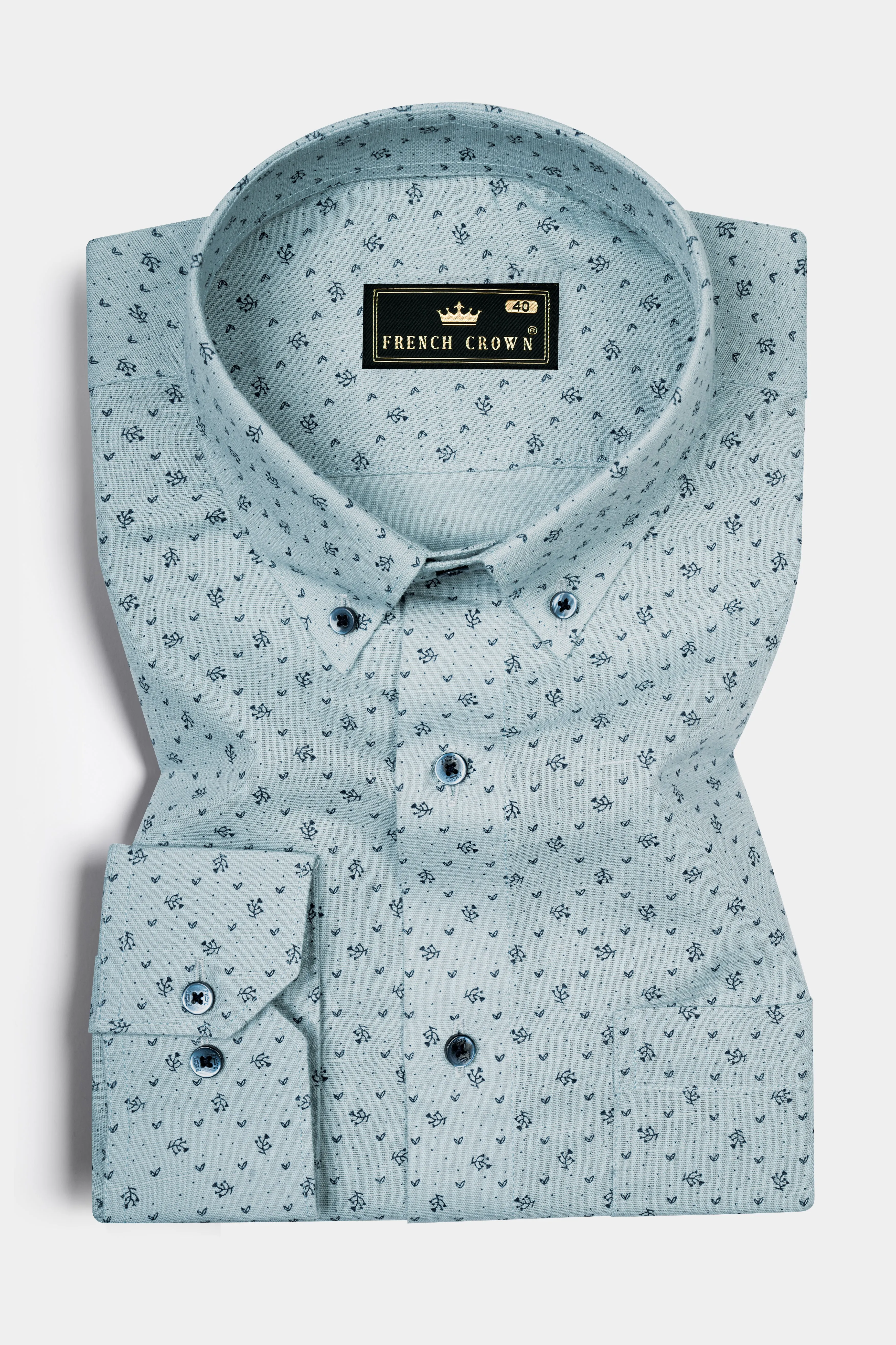 Casper Gray with cinder Blue Flower Printed Luxurious Linen Shirt sold by French Crown product image thumbnail 3