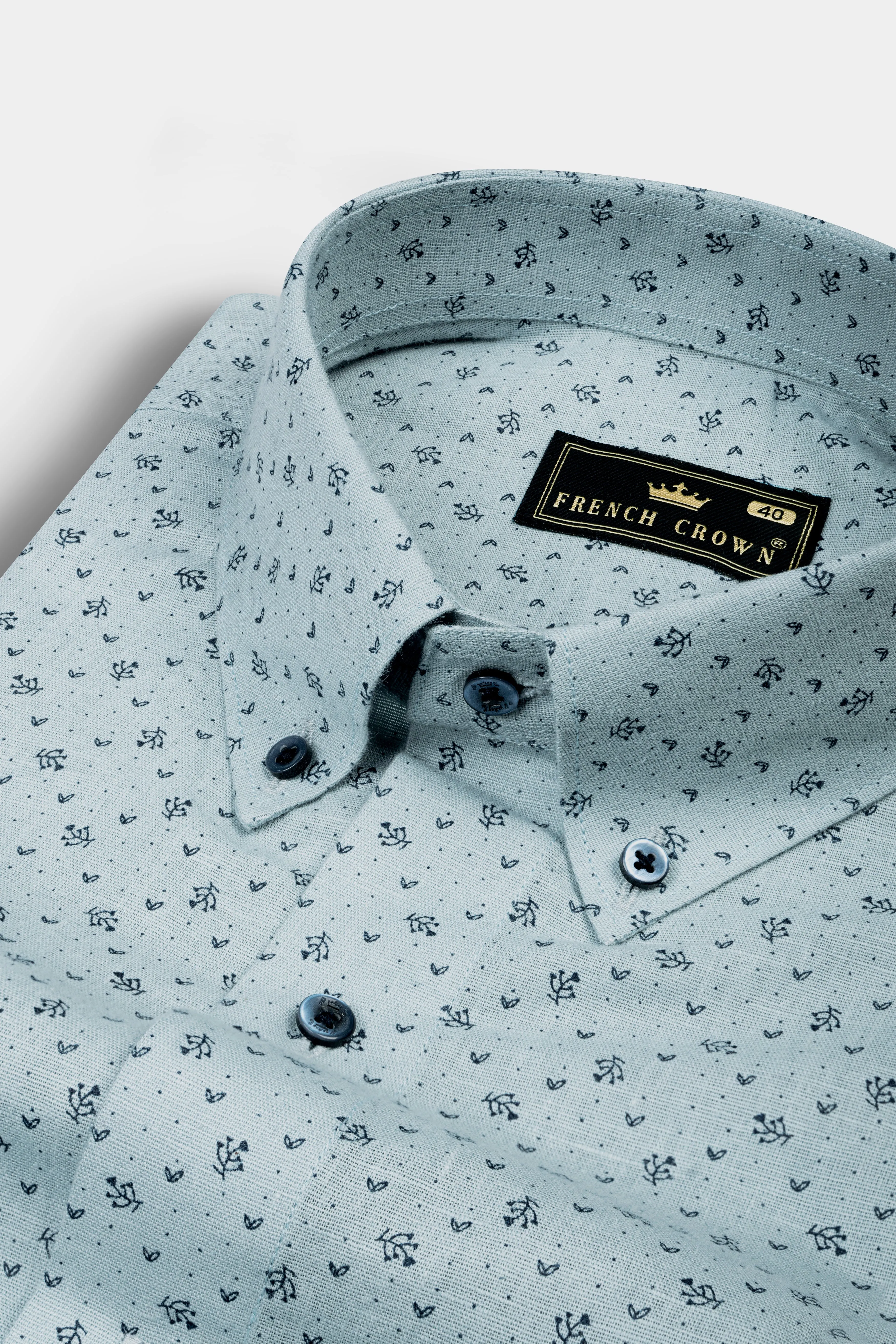 Casper Gray with cinder Blue Flower Printed Luxurious Linen Shirt sold by French Crown