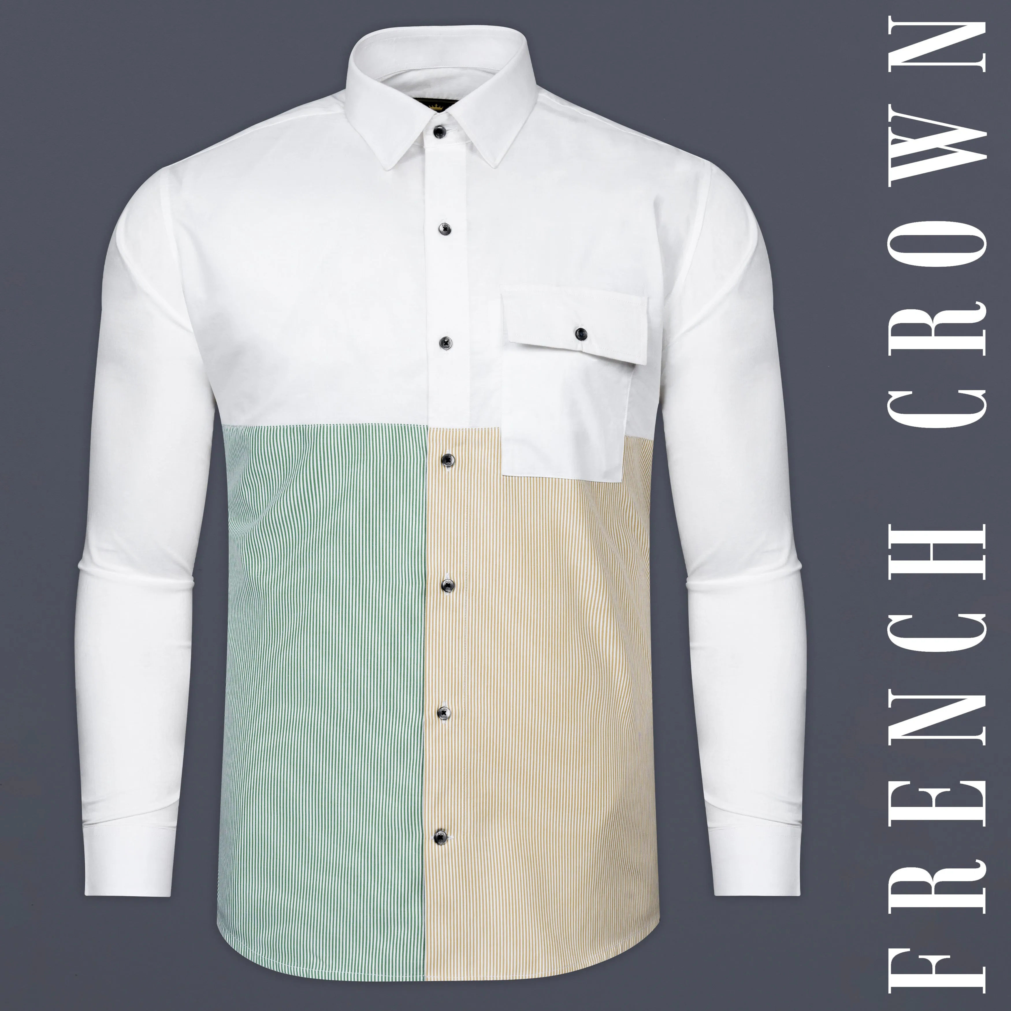 Bright White with Green and Yellow Striped Super Soft Premium Giza Cotton Designer Shirt sold by French Crown