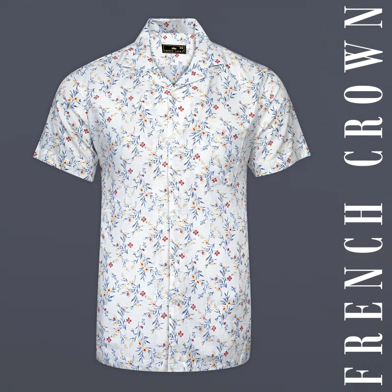 Bright White Flower Printed Lightweight Poplin Giza Cotton Shirt sold by French Crown