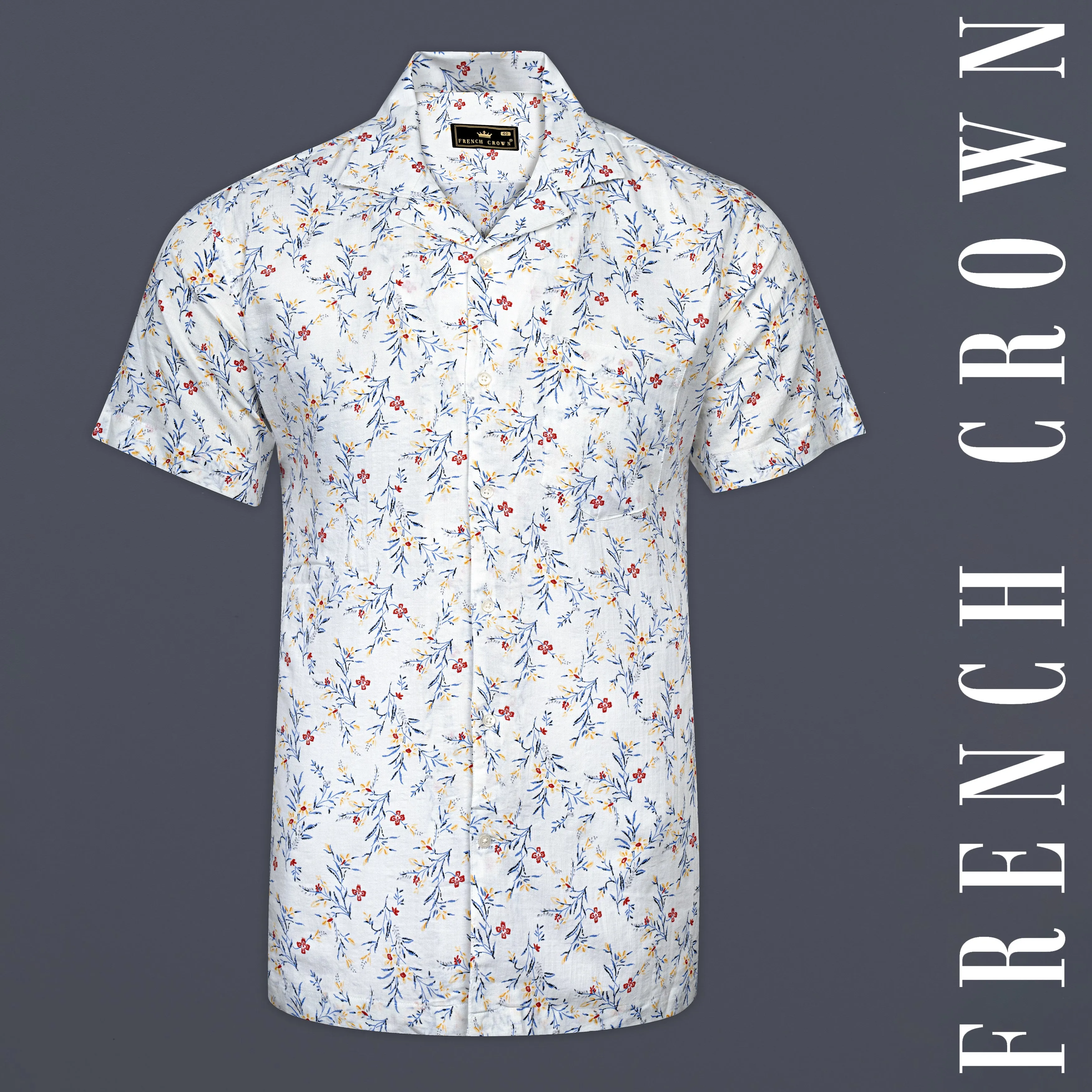Bright White Flower Printed Lightweight Poplin Giza Cotton Shirt sold by French Crown