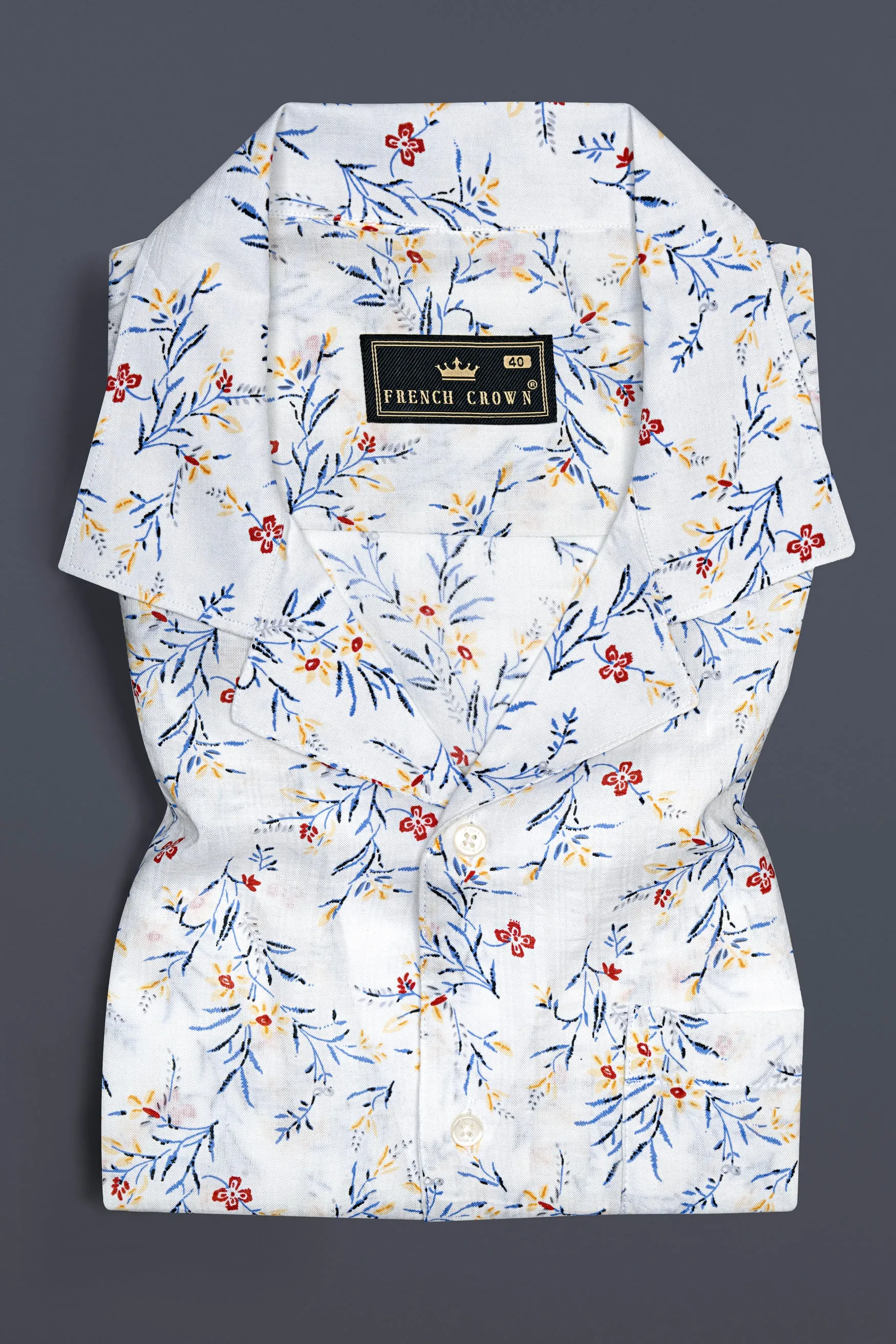 Bright White Flower Printed Lightweight Poplin Giza Cotton Shirt sold by French Crown product image thumbnail 5