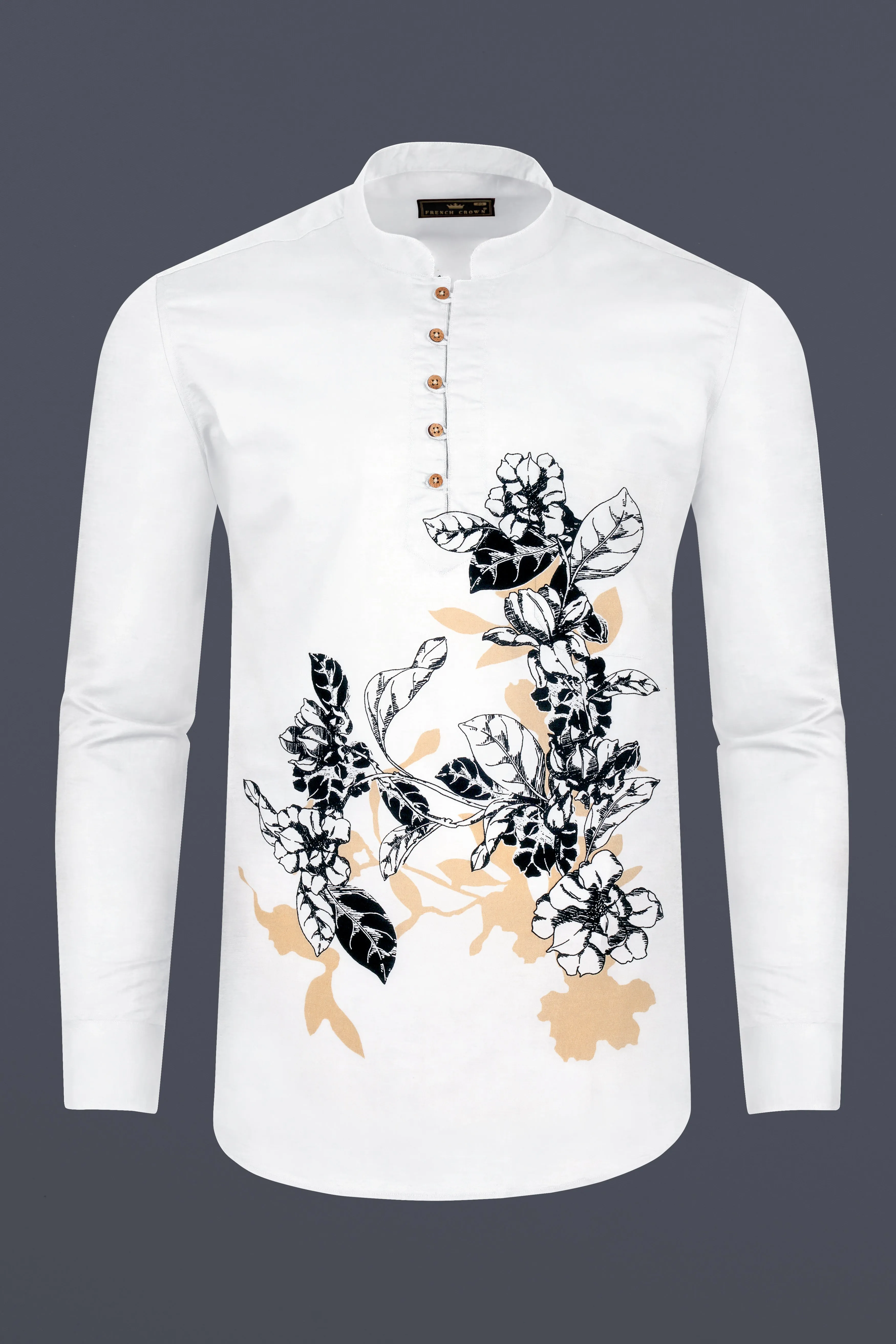 Bright White Flower Print Subtle Sheen Super Soft Premium Cotton Kurta Shirt sold by French Crown product image thumbnail 2