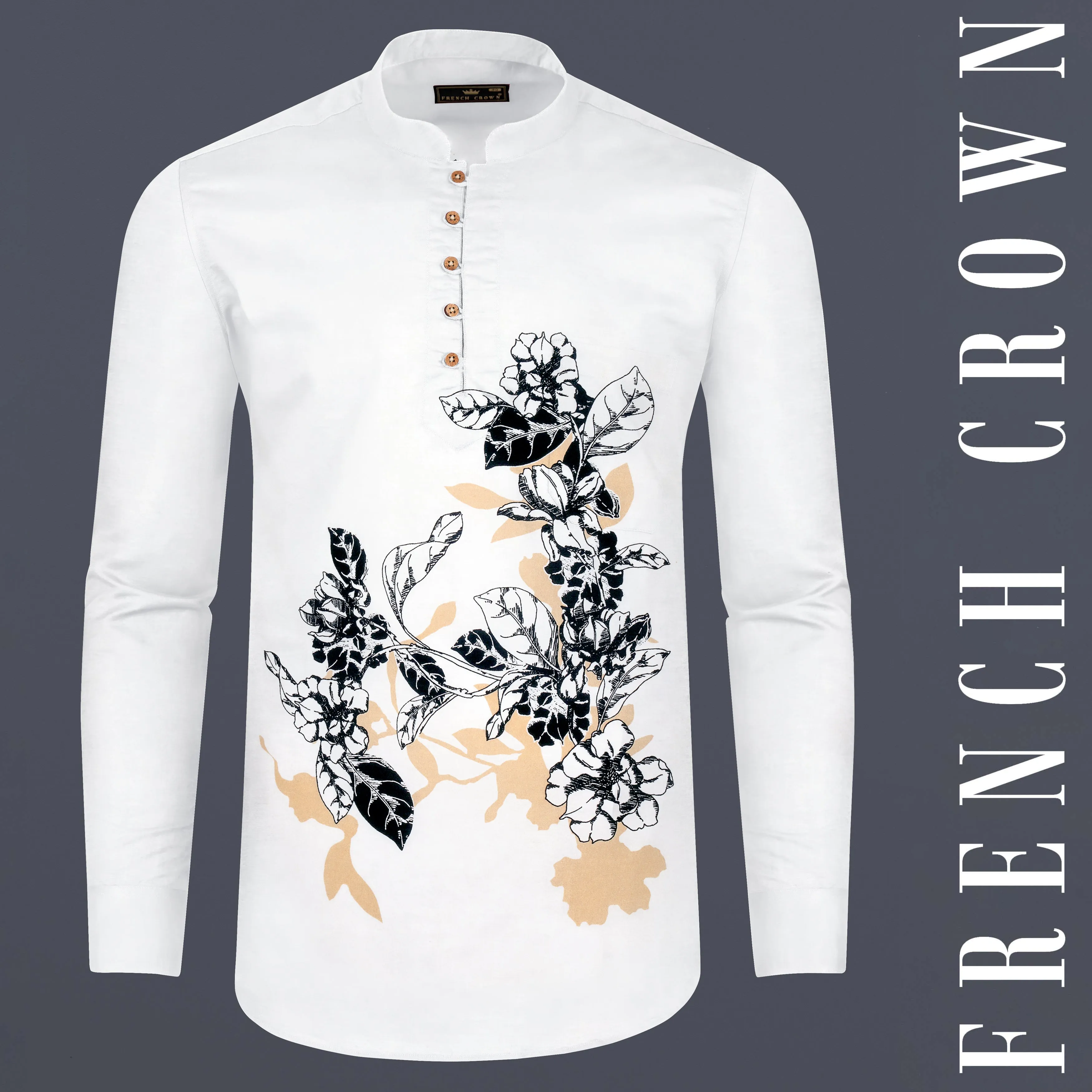 Bright White Flower Print Subtle Sheen Super Soft Premium Cotton Kurta Shirt sold by French Crown