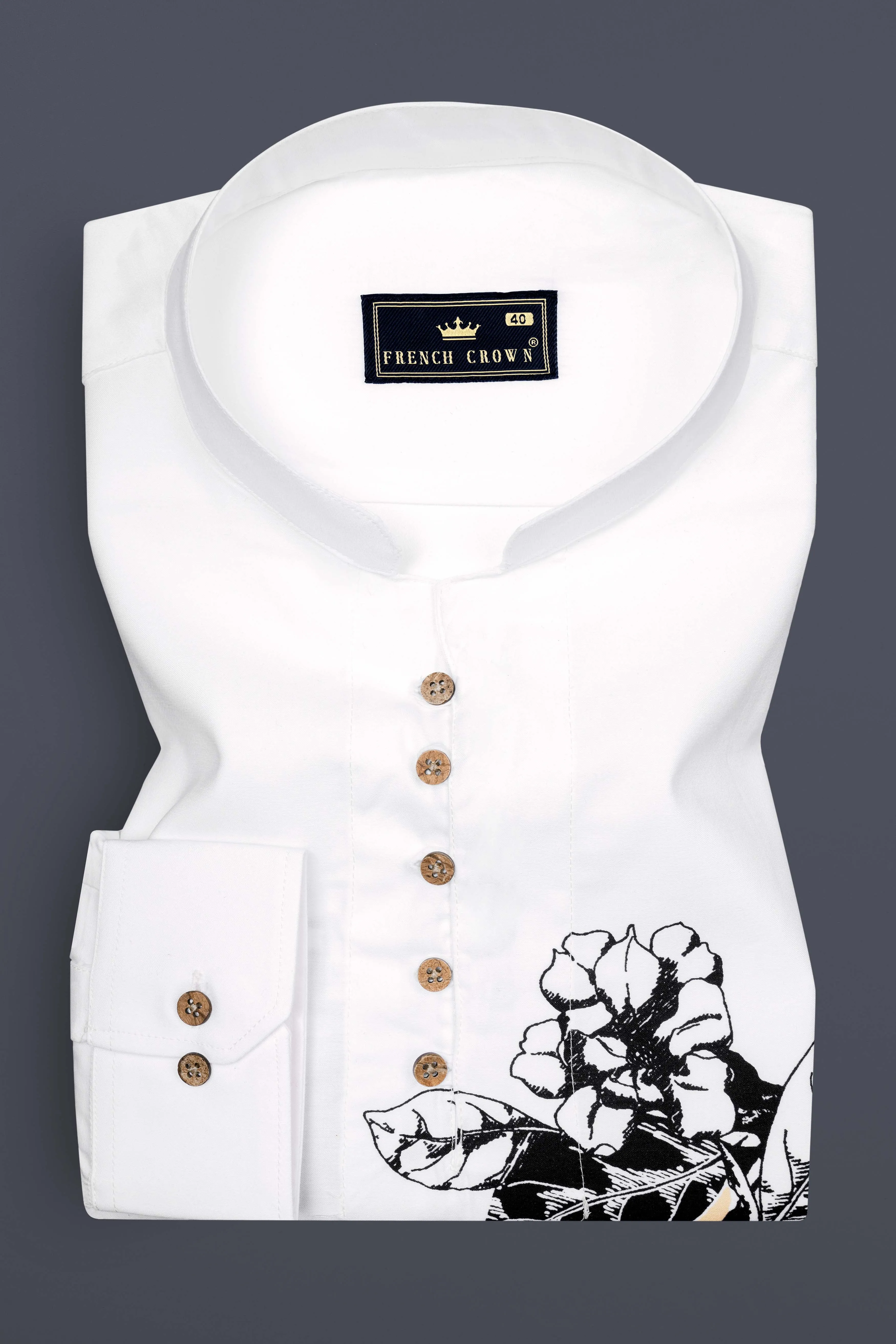 Bright White Flower Print Subtle Sheen Super Soft Premium Cotton Kurta Shirt sold by French Crown product image thumbnail 5