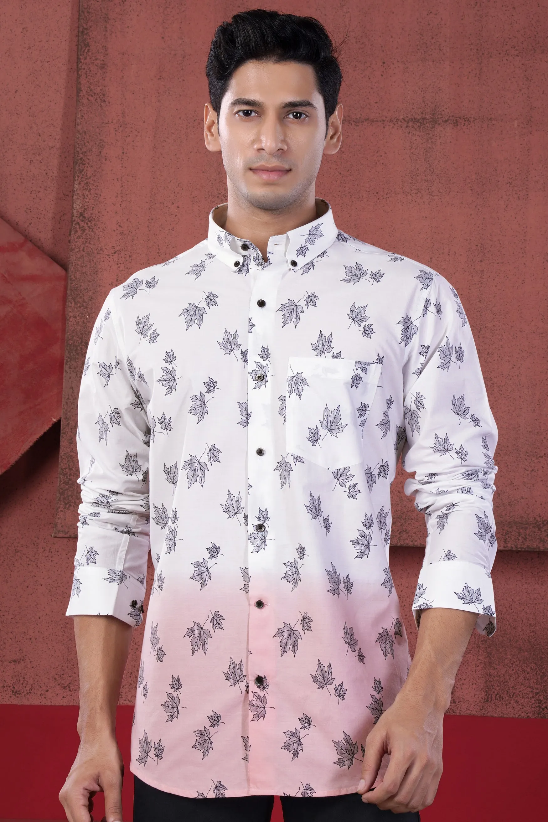 Bright White and Mauve Pink Leaves Printed Subtle Sheen Super Soft Premium Cotton Shirt sold by French Crown product image thumbnail 2