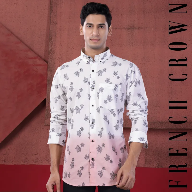 Bright White and Mauve Pink Leaves Printed Subtle Sheen Super Soft Premium Cotton Shirt sold by French Crown