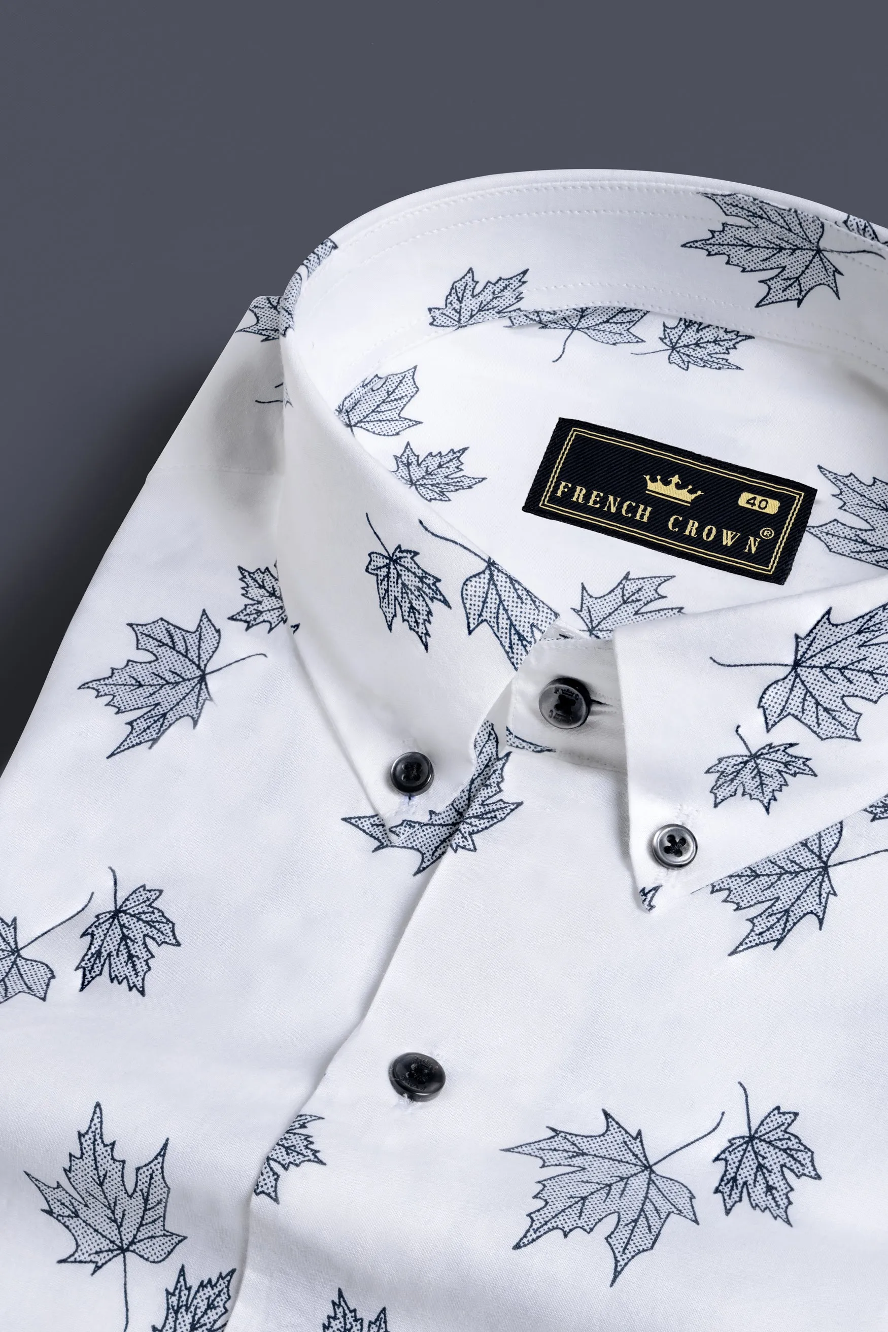 Bright White and Mauve Pink Leaves Printed Subtle Sheen Super Soft Premium Cotton Shirt sold by French Crown product image thumbnail 4