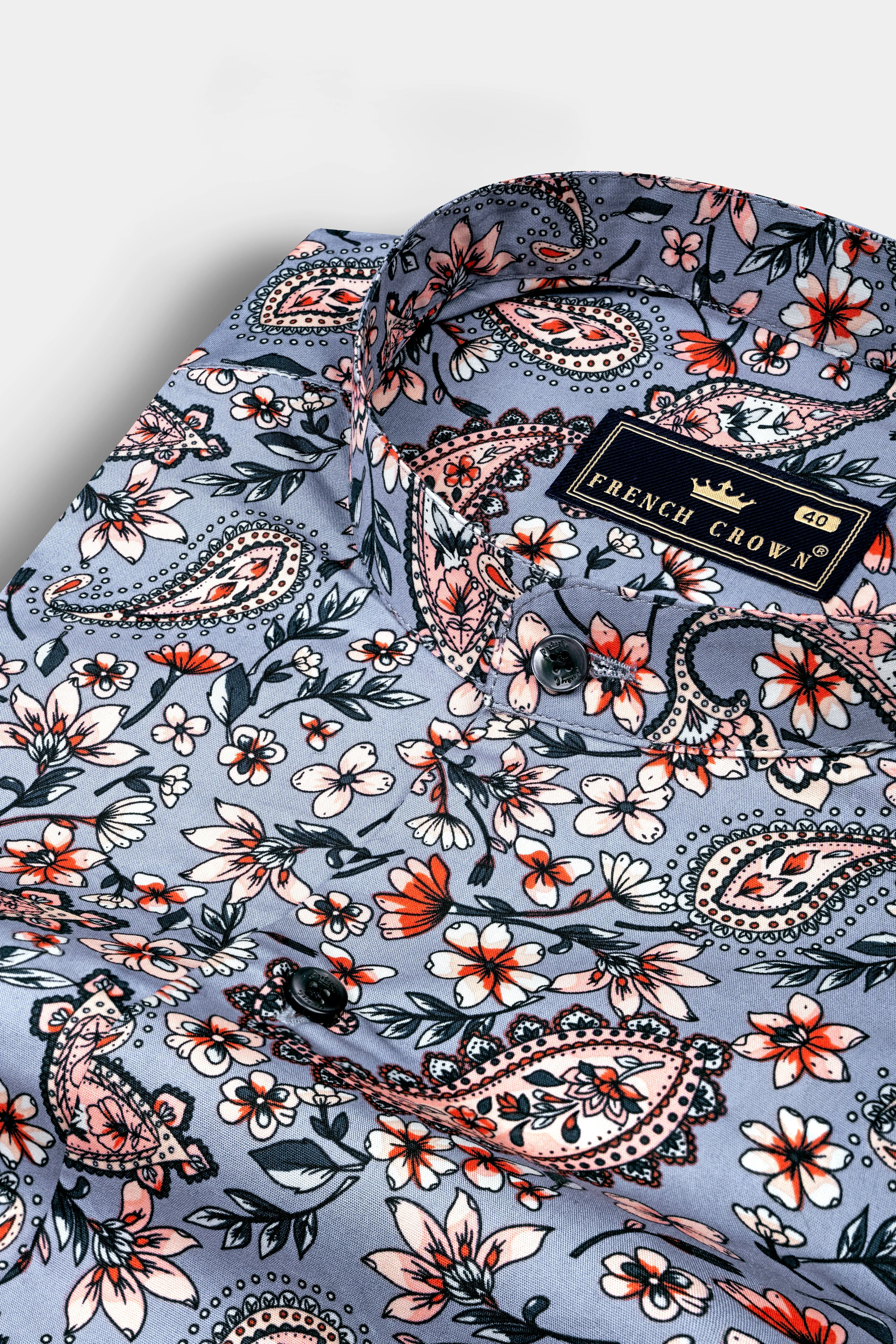 Bluish Gray Multicolour Paisley Printed Poplin Giza Cotton Shirt sold by French Crown
