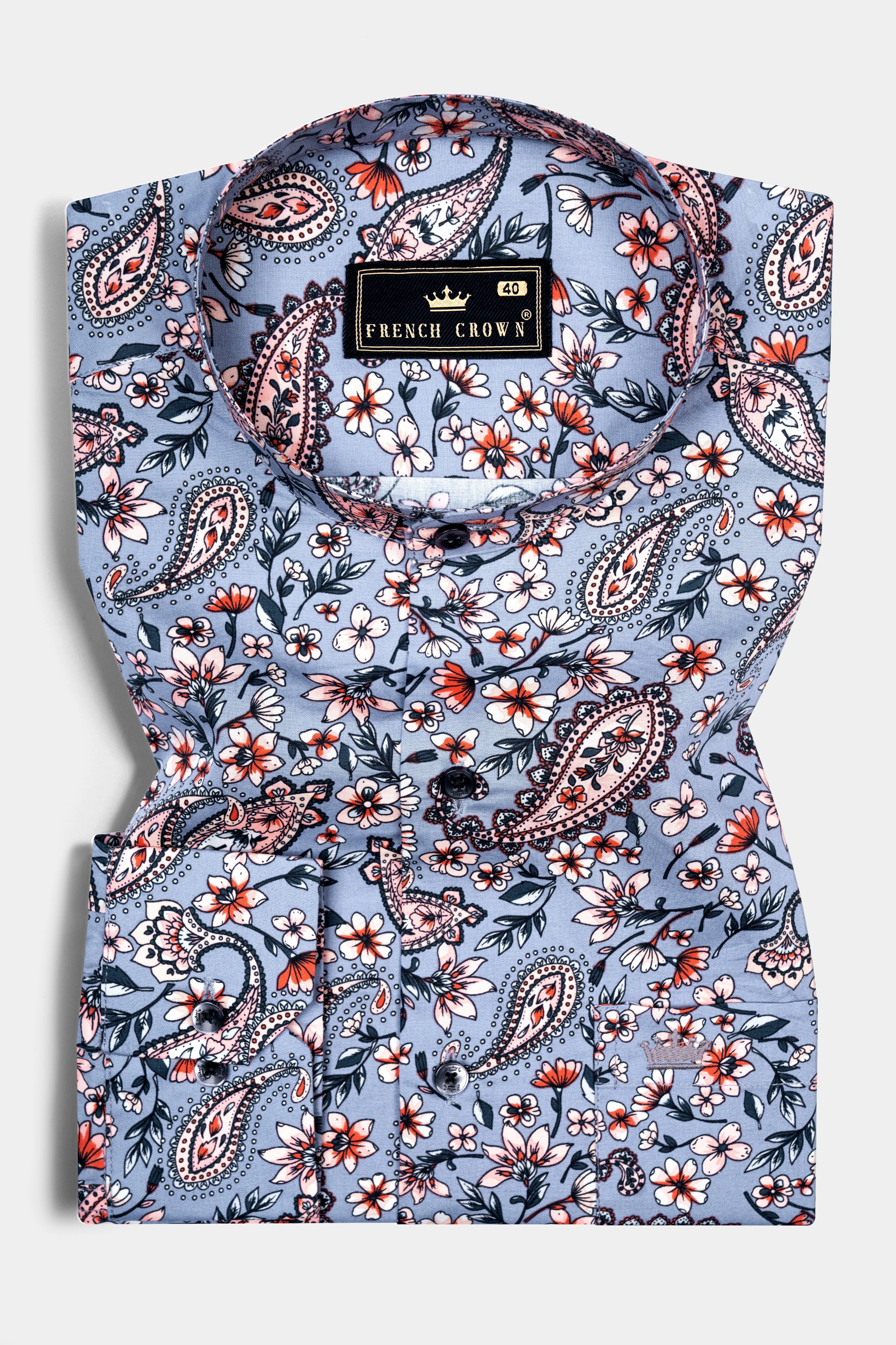 Bluish Gray Multicolour Paisley Printed Poplin Giza Cotton Shirt sold by French Crown product image thumbnail 3