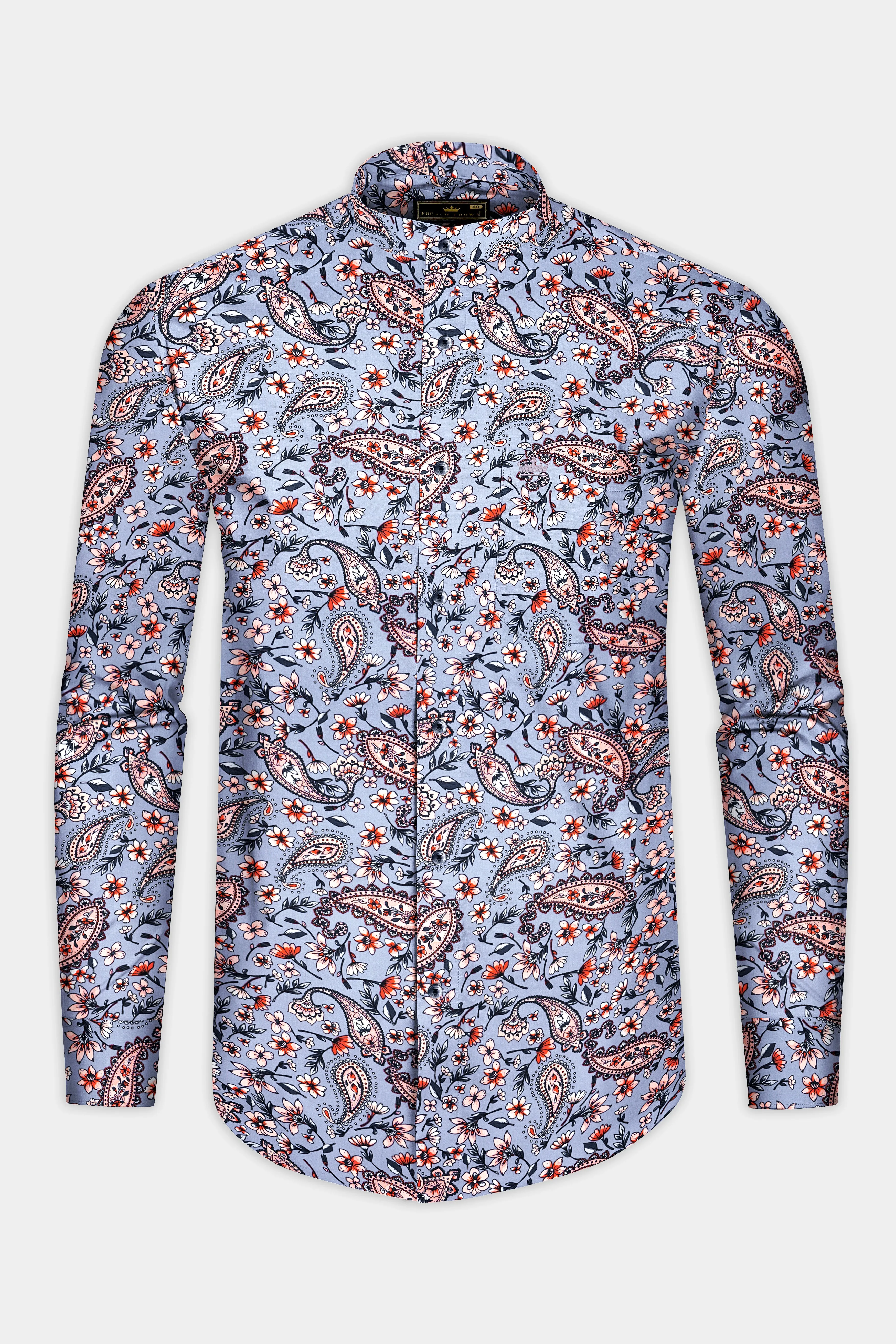 Bluish Gray Multicolour Paisley Printed Poplin Giza Cotton Shirt sold by French Crown product image thumbnail 4