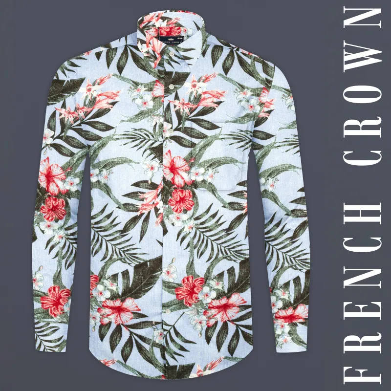 Ziggurat Blue with Lunar Green and Froly Pink Tropical Printed Luxurious Linen Shirt sold by French Crown