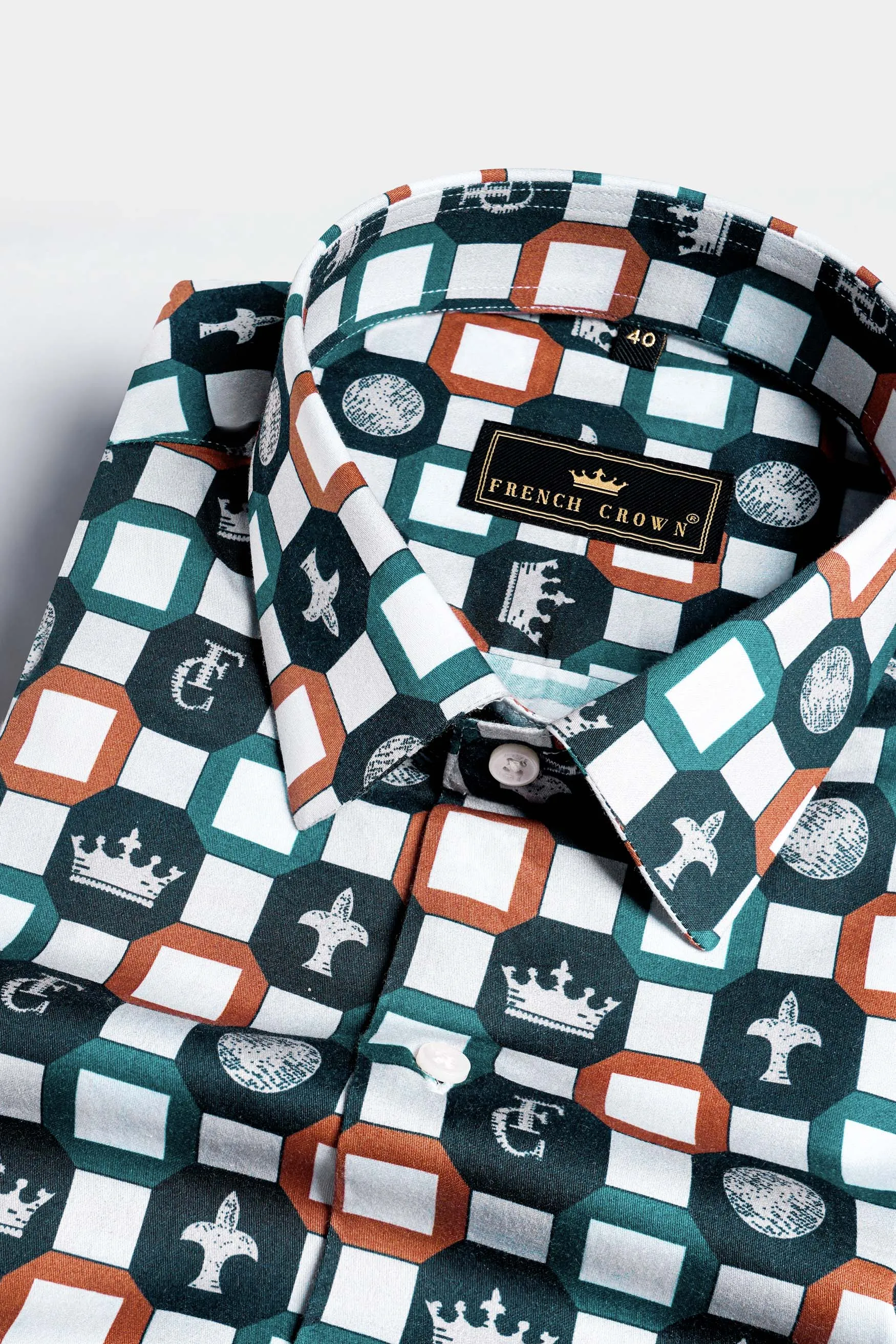 Teal Green and Bright White Multicolour French Crown Elements Printed Subtle Sheen Super Soft Premium Cotton Designer Shirt sold by French Crown