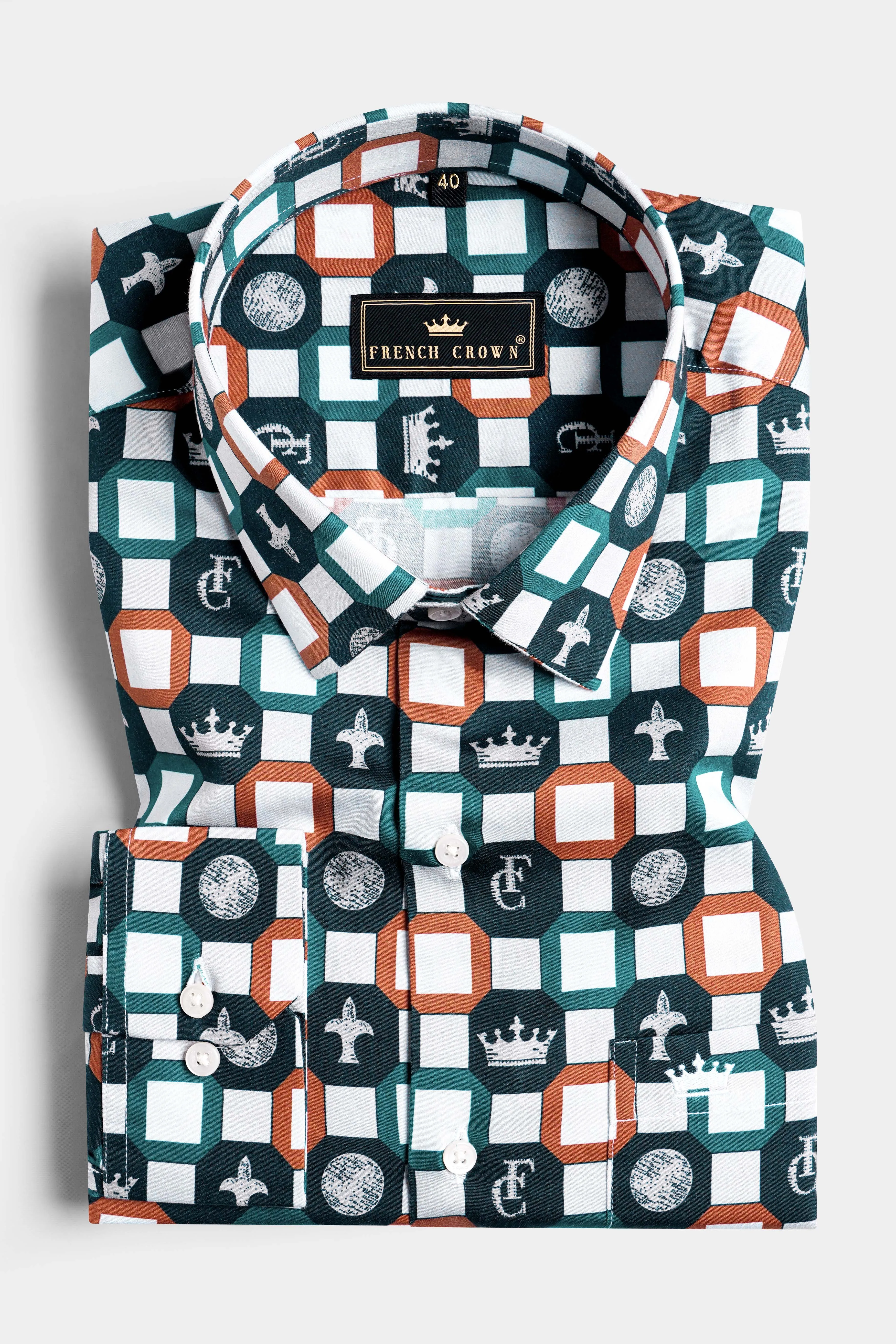 Teal Green and Bright White Multicolour French Crown Elements Printed Subtle Sheen Super Soft Premium Cotton Designer Shirt sold by French Crown product image thumbnail 3