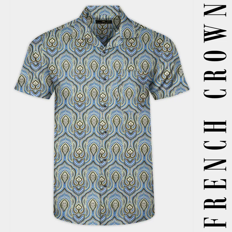 Taupe Green and Curious Blue Multicolour Ethnic Printed Subtle Sheen Super Soft Premium Cotton Shirt sold by French Crown