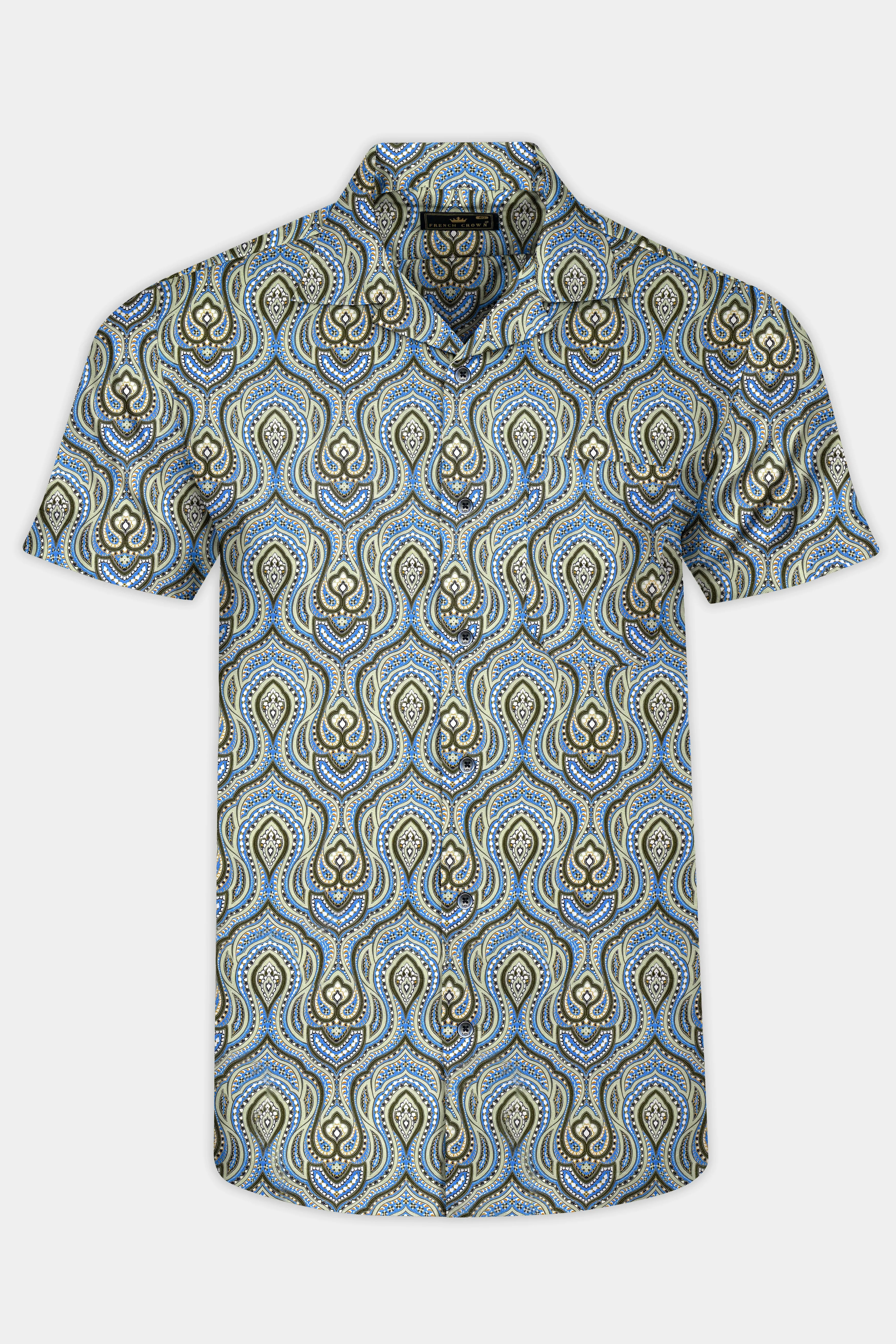 Taupe Green and Curious Blue Multicolour Ethnic Printed Subtle Sheen Super Soft Premium Cotton Shirt sold by French Crown product image thumbnail 2