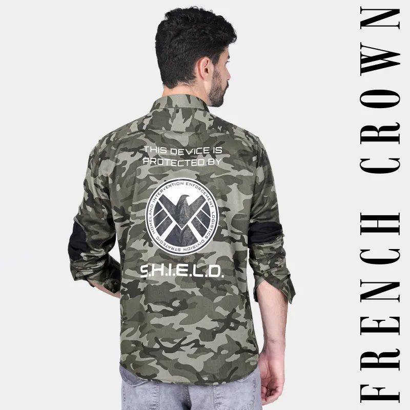 Oyster Green and Fuscous Green Camouflage with Funky Printed Premium Tencel Designer Shirt sold by French Crown