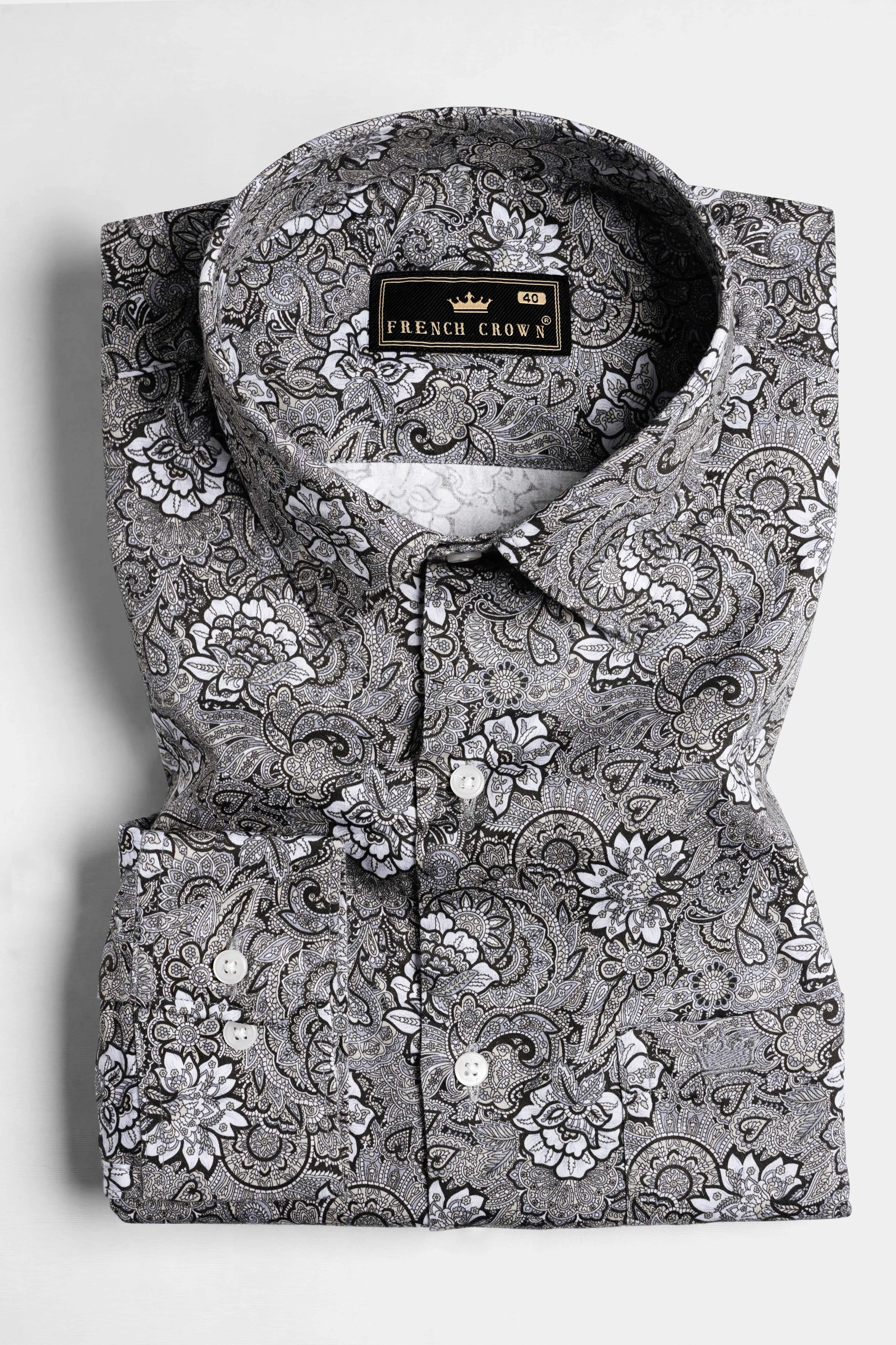 Mountain Mist Gray and Tuatara Brown Floral Printed Subtle Sheen Super Soft Premium Cotton Shirt sold by French Crown product image thumbnail 3