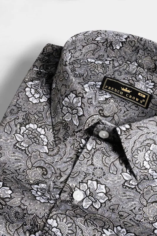 Mountain Mist Gray and Tuatara Brown Floral Printed Subtle Sheen Super Soft Premium Cotton Shirt sold by French Crown