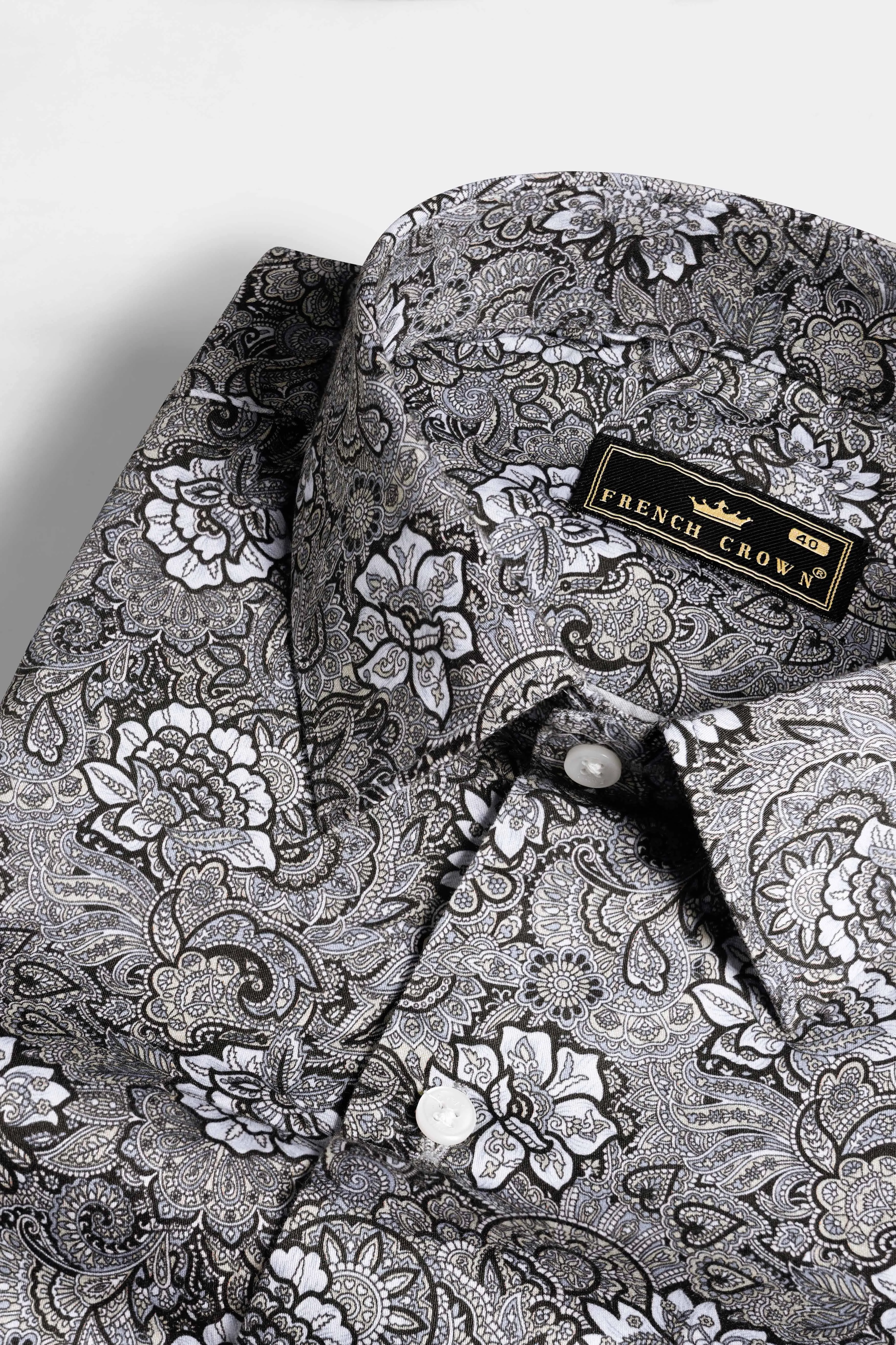 Mountain Mist Gray and Tuatara Brown Floral Printed Subtle Sheen Super Soft Premium Cotton Shirt sold by French Crown