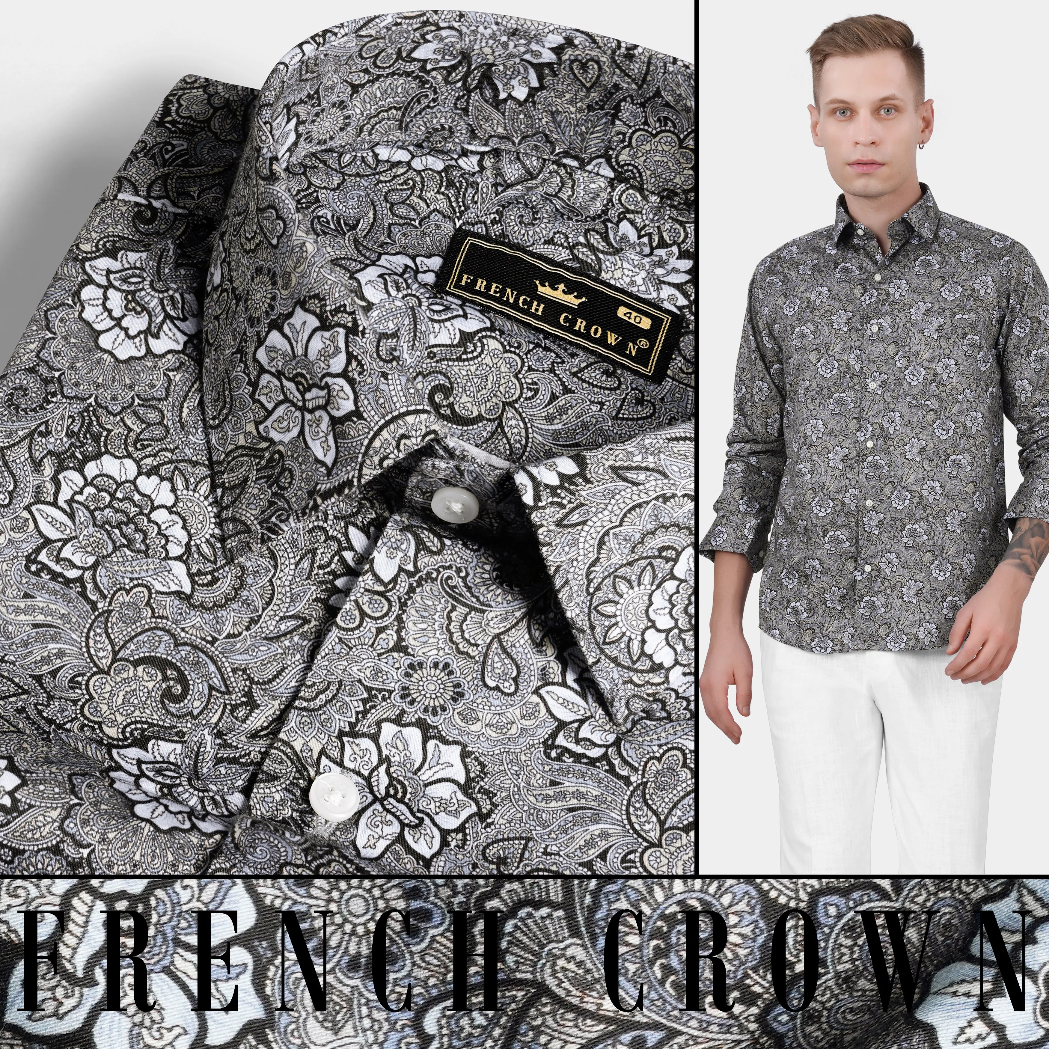 Mountain Mist Gray and Tuatara Brown Floral Printed Subtle Sheen Super Soft Premium Cotton Shirt sold by French Crown product image thumbnail 4