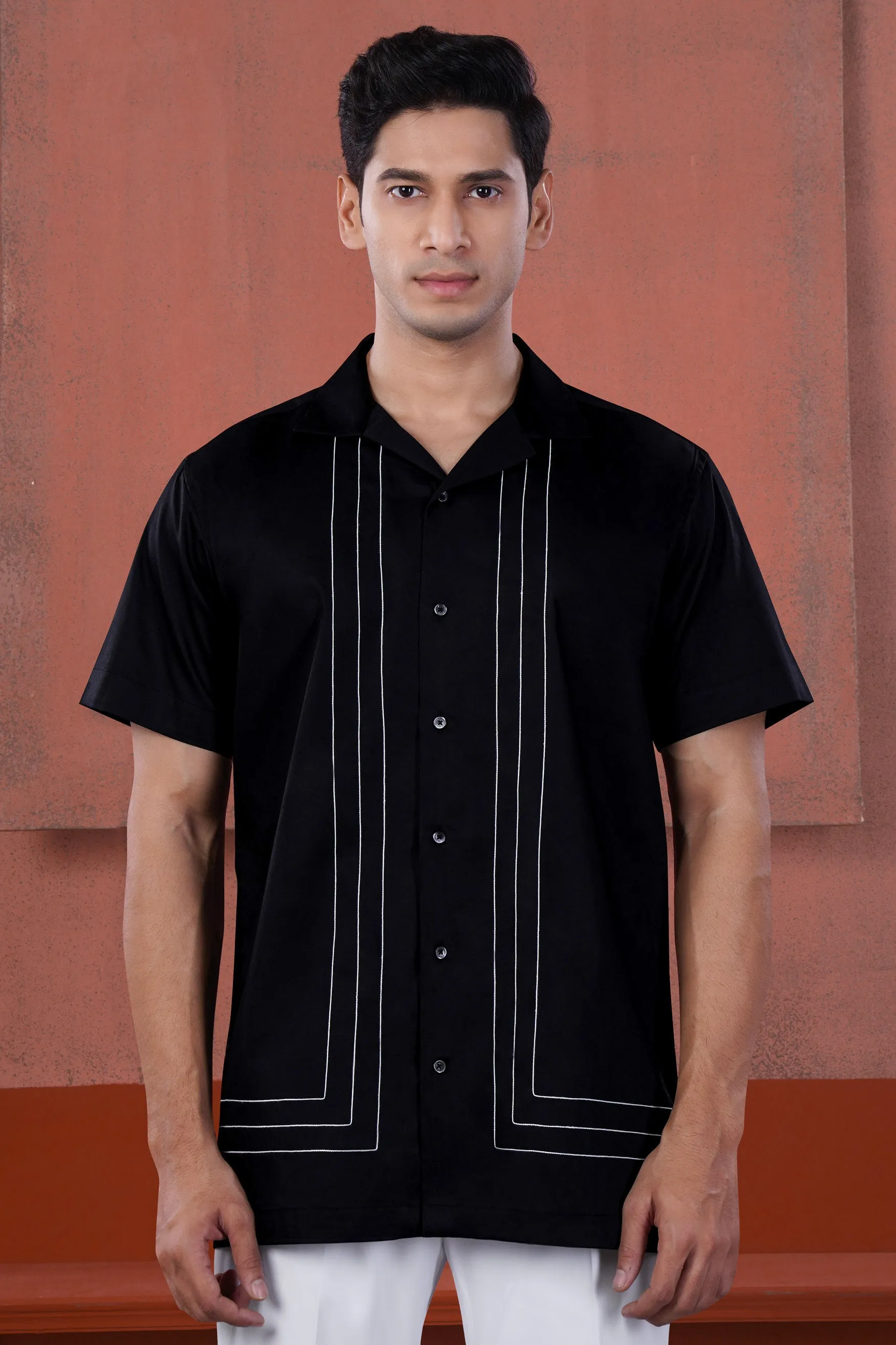 Jade Black with White Lines Stitched Subtle Sheen Super Soft Premium Cotton Designer Shirt sold by French Crown product image thumbnail 2
