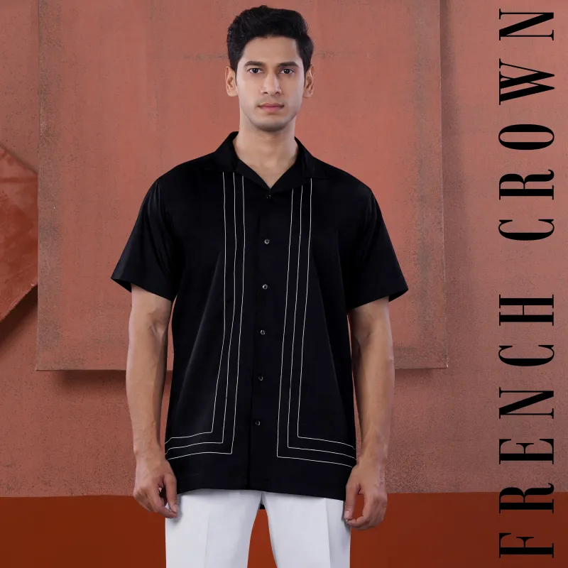Jade Black with White Lines Stitched Subtle Sheen Super Soft Premium Cotton Designer Shirt made by French Crown