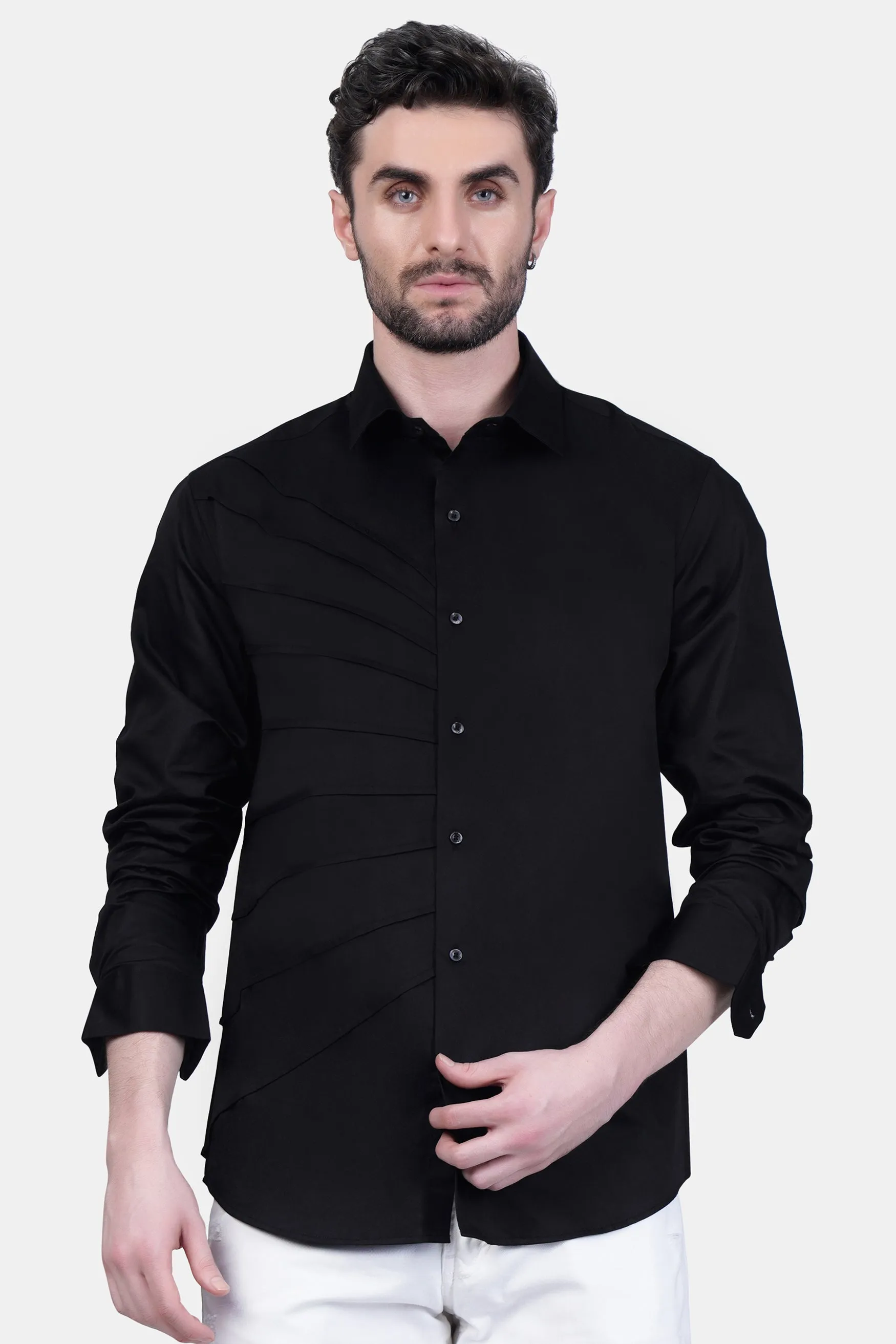 Jade Black Tucks Subtle Sheen Super Soft Premium Cotton Designer Shirt sold by French Crown product image thumbnail 2