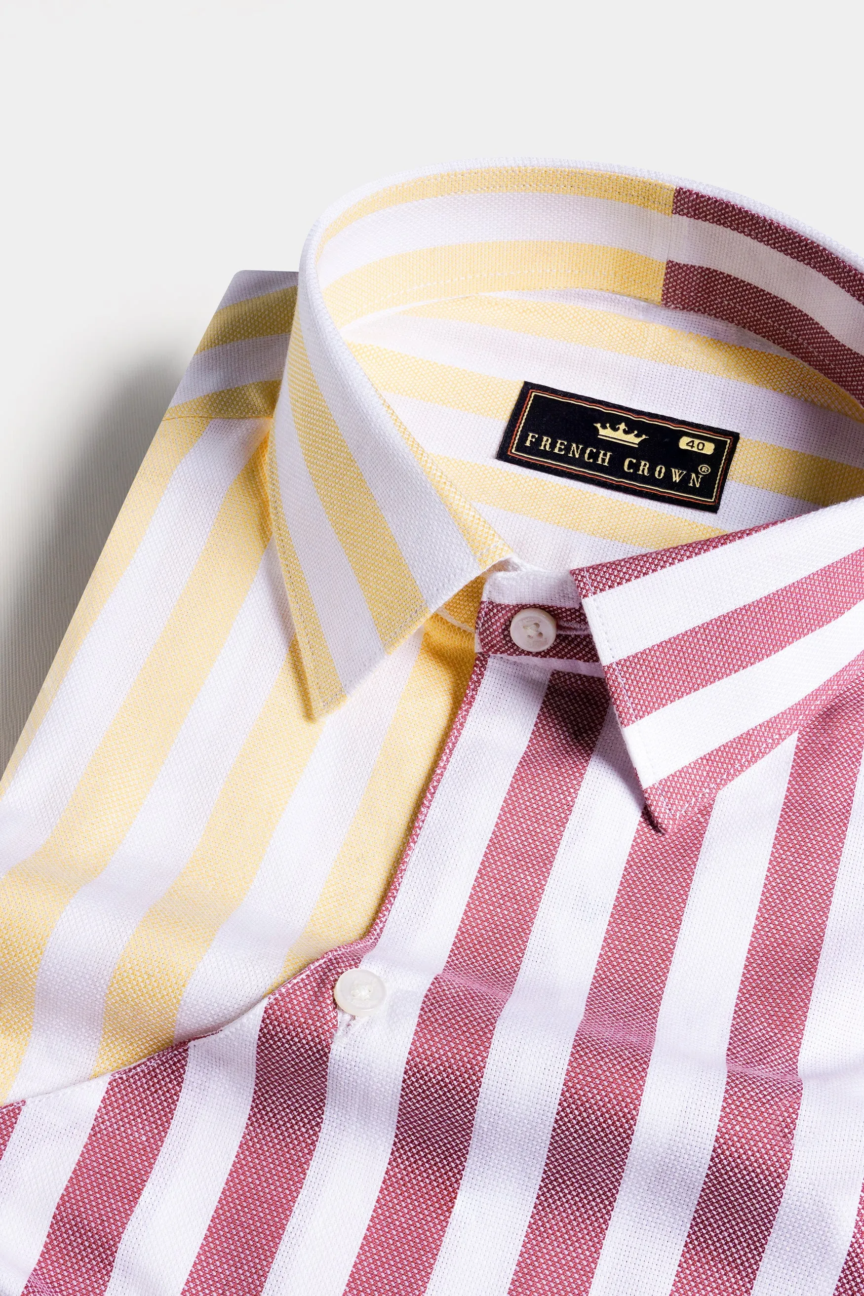 Hibiscus Pink with White and Navajo Yellow Striped Dobby Textured Premium Giza Cotton Designer Shirt sold by French Crown product image thumbnail 4