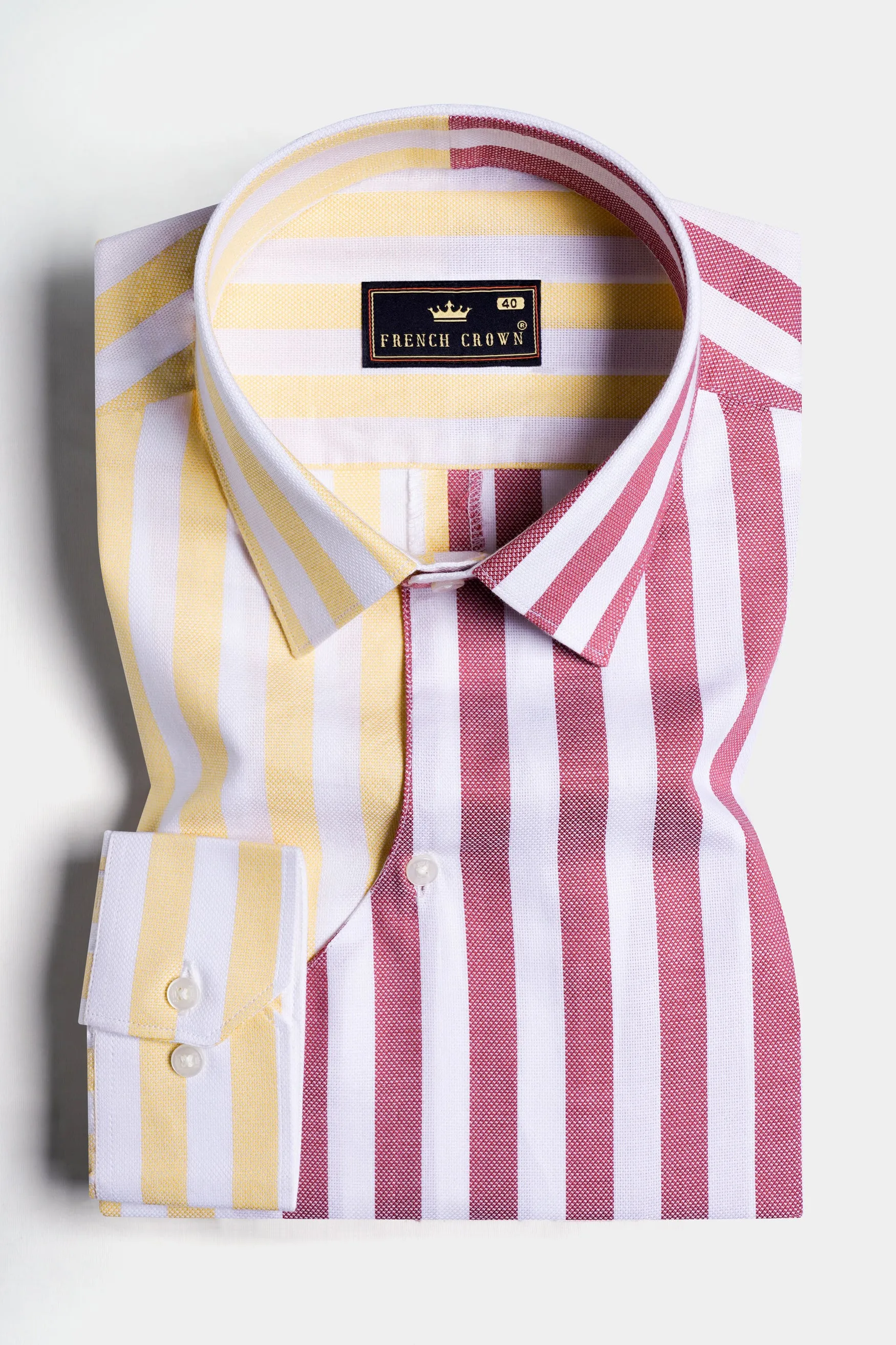 Hibiscus Pink with White and Navajo Yellow Striped Dobby Textured Premium Giza Cotton Designer Shirt sold by French Crown product image thumbnail 5