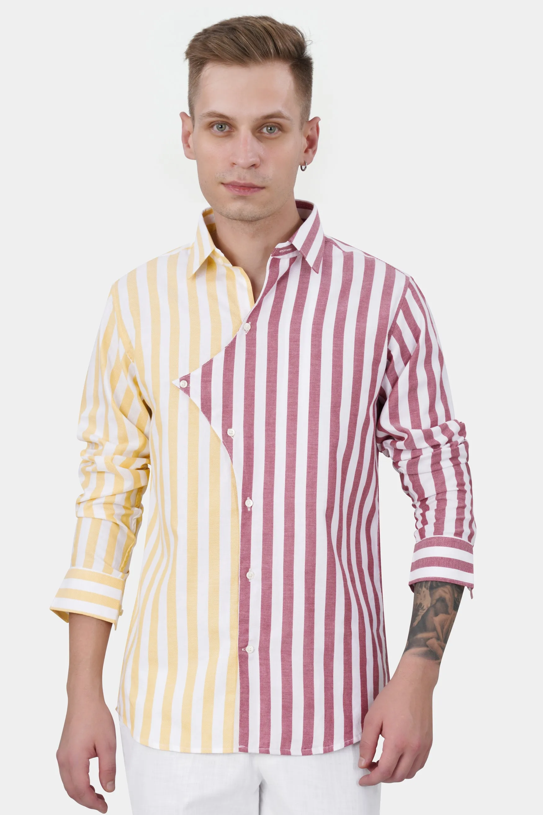 Hibiscus Pink with White and Navajo Yellow Striped Dobby Textured Premium Giza Cotton Designer Shirt sold by French Crown product image thumbnail 2