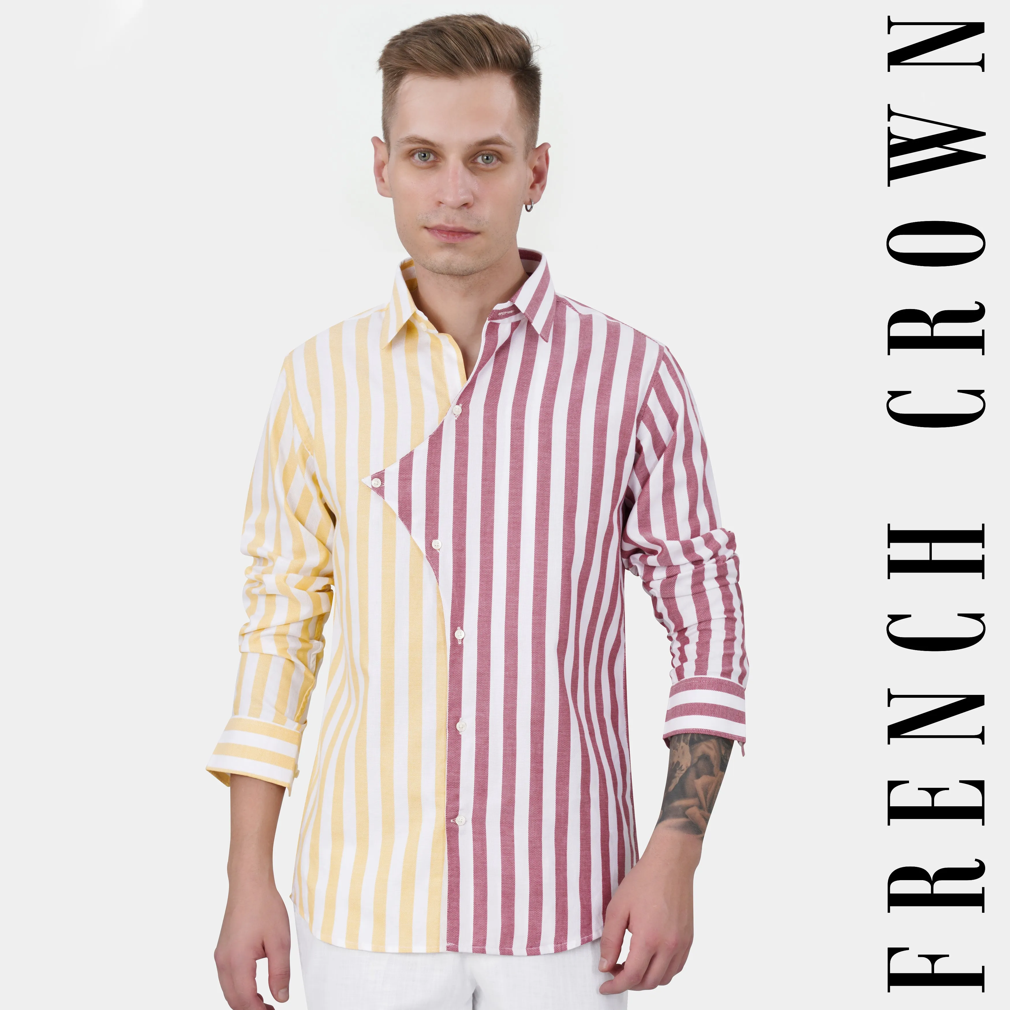 Hibiscus Pink with White and Navajo Yellow Striped Dobby Textured Premium Giza Cotton Designer Shirt sold by French Crown