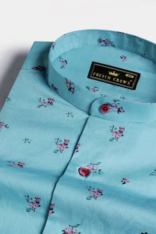 Glacier Blue and Fuchsia Pink Ditsy Printed Premium Cotton Shirt sold by French Crown