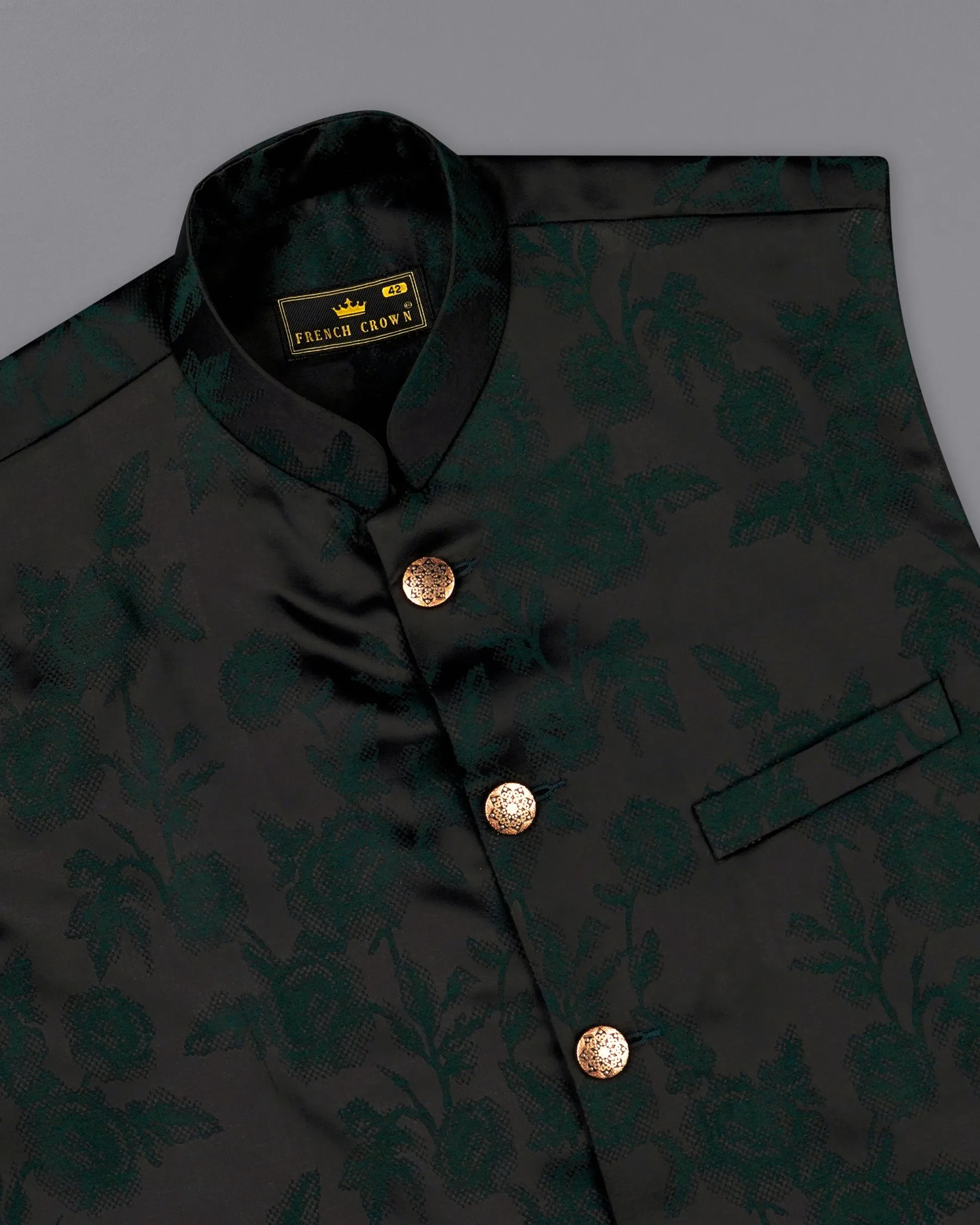 Zeus Black and Holly Dark Green Floral Printed Nehru Jacket sold by French Crown product image thumbnail 4