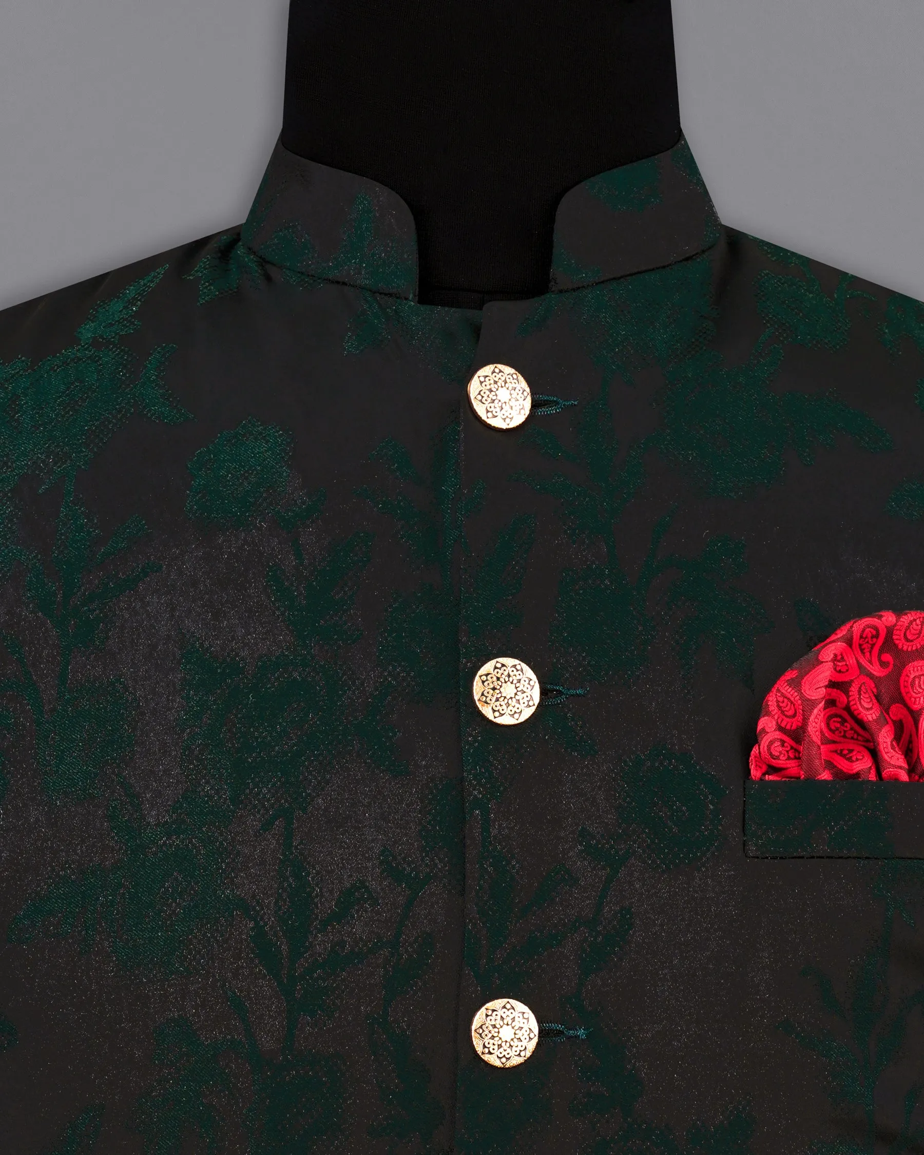 Zeus Black and Holly Dark Green Floral Printed Nehru Jacket sold by French Crown product image thumbnail 5