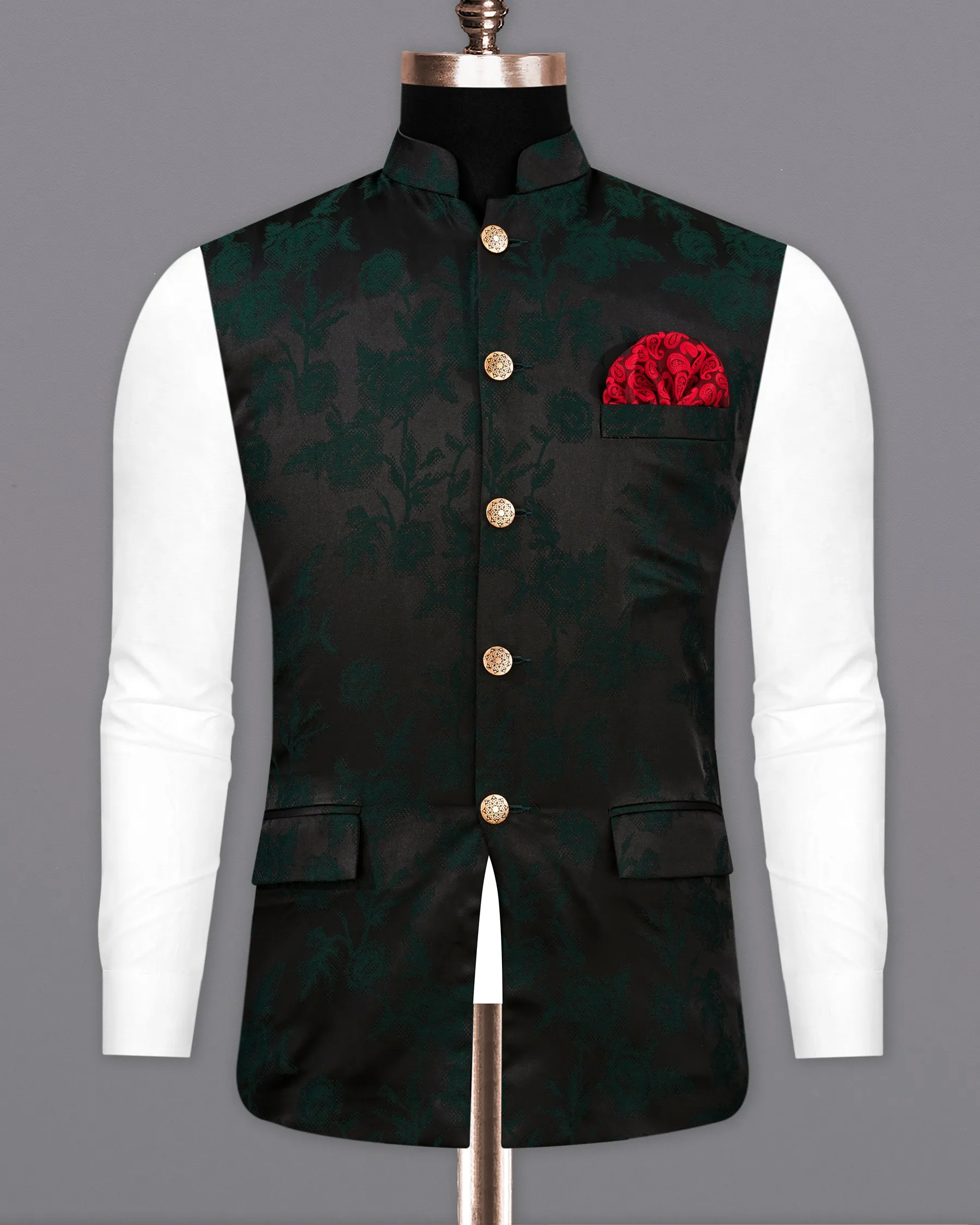 Zeus Black and Holly Dark Green Floral Printed Nehru Jacket sold by French Crown product image thumbnail 2