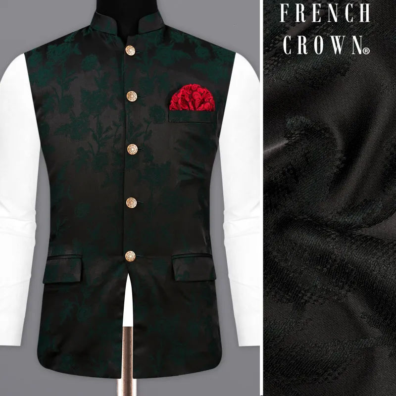 Zeus Black and Holly Dark Green Floral Printed Nehru Jacket sold by French Crown
