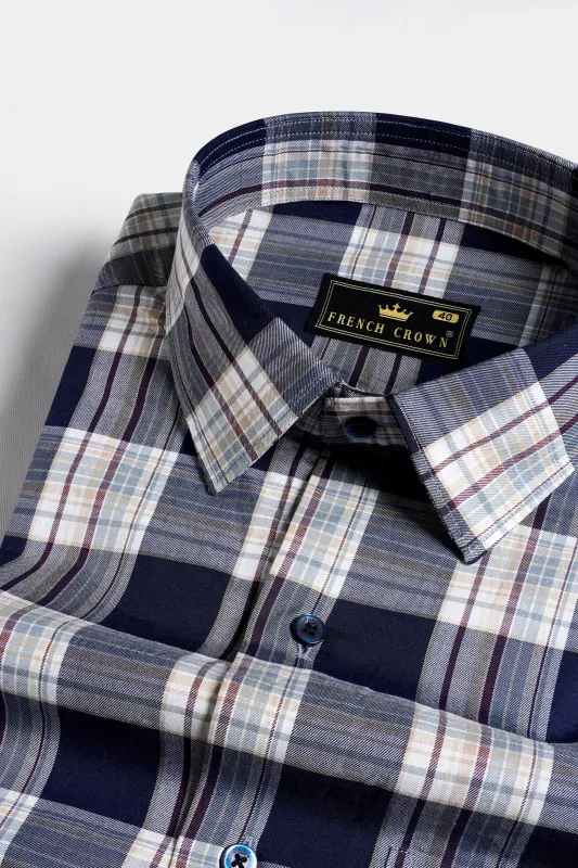 Ebony Blue and Porcelain Cream Twill Plaid Premium Cotton Shirt sold by French Crown