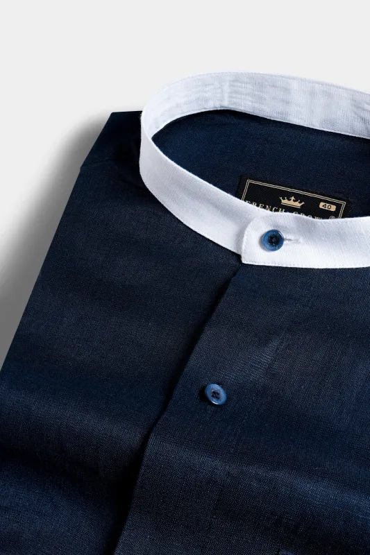 Cinder Blue with White Mandarin Collar Luxurious Linen Shirt sold by French Crown