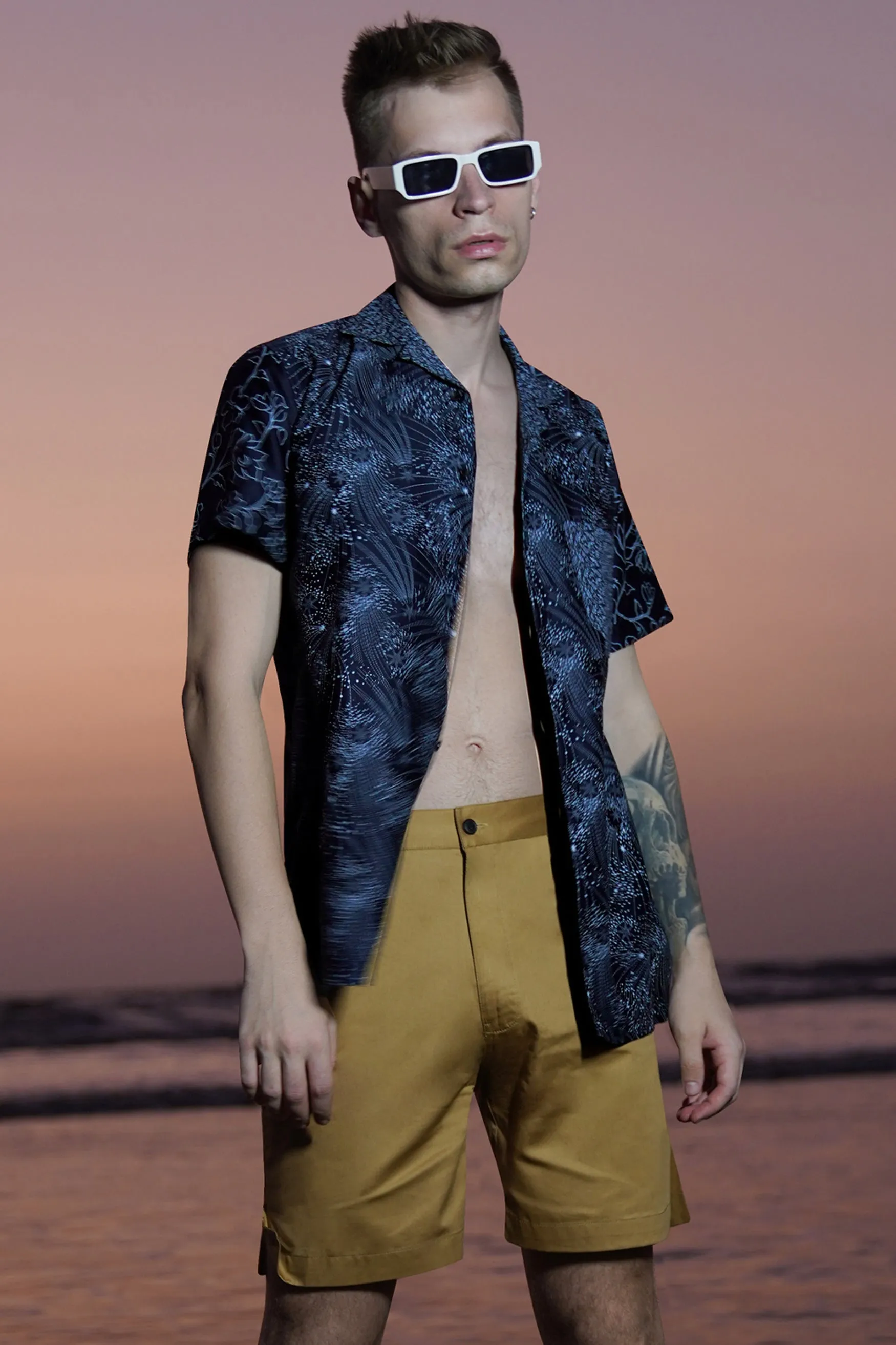 Cinder Blue Leaves Printed Subtle Sheen Super Soft Premium Cotton Shirt sold by French Crown product image thumbnail 2