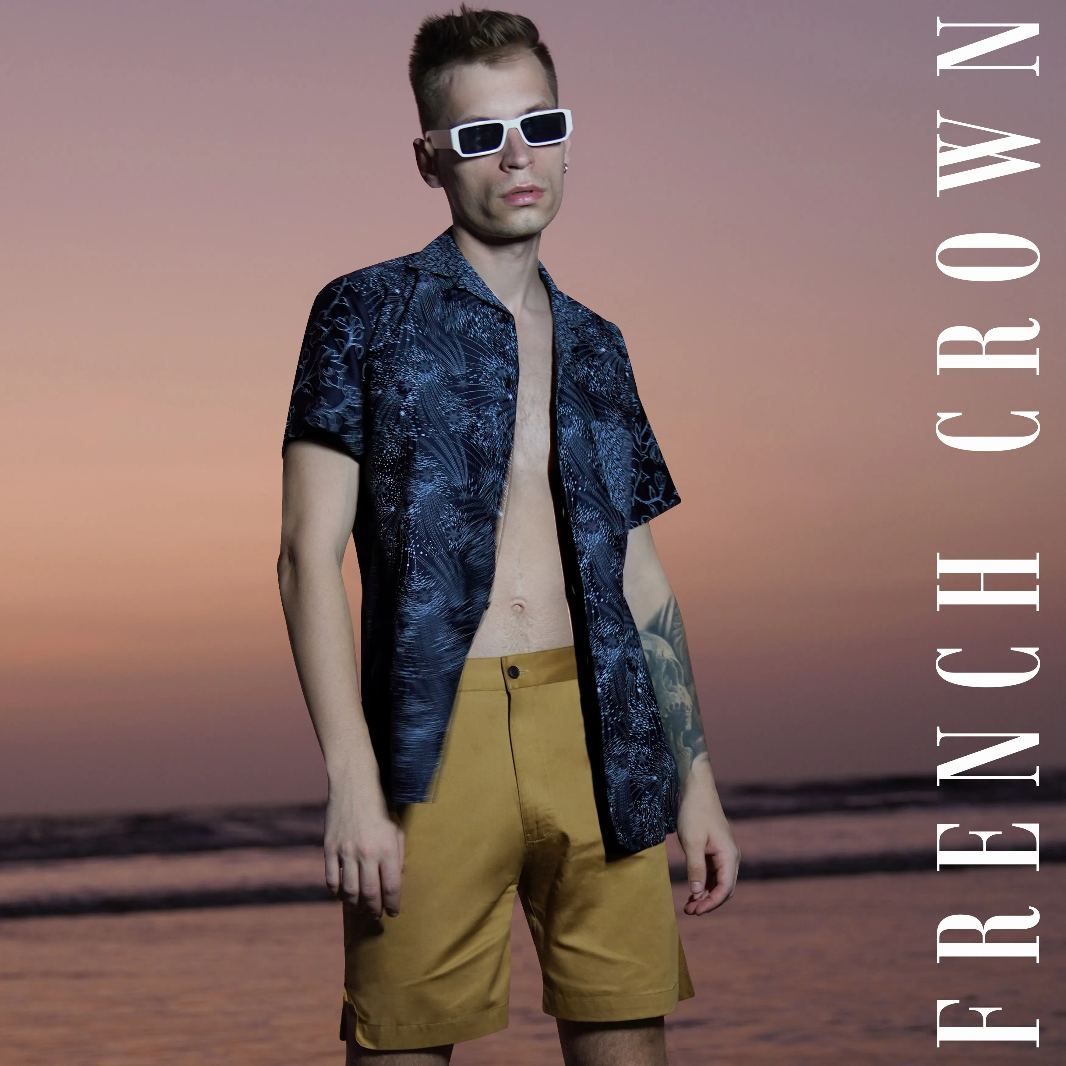 Cinder Blue Leaves Printed Subtle Sheen Super Soft Premium Cotton Shirt sold by French Crown